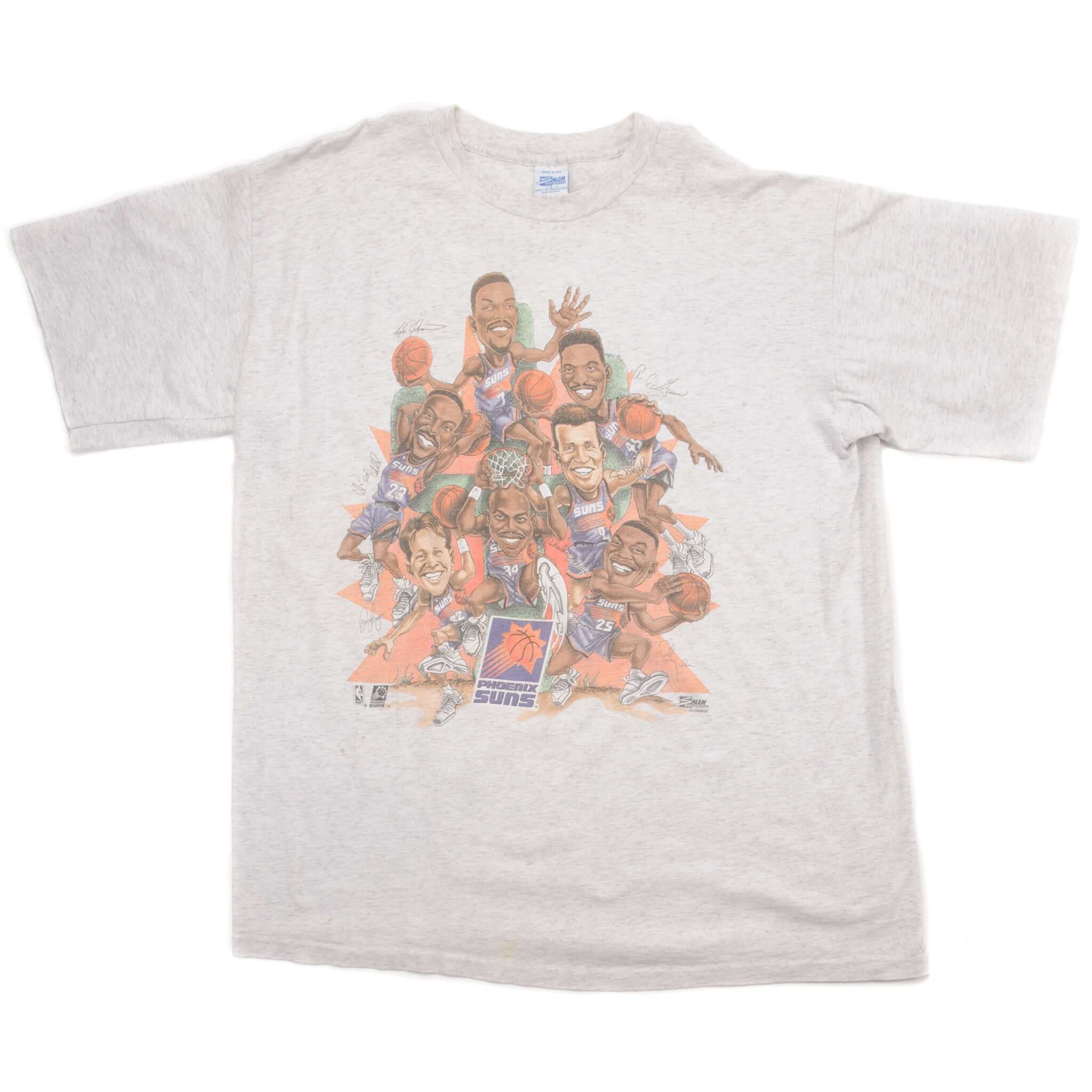 Vintage NBA Phoenix Suns Tee Shirt 1990S Size Large Made In USA With Single Stitch Sleeves. GREY