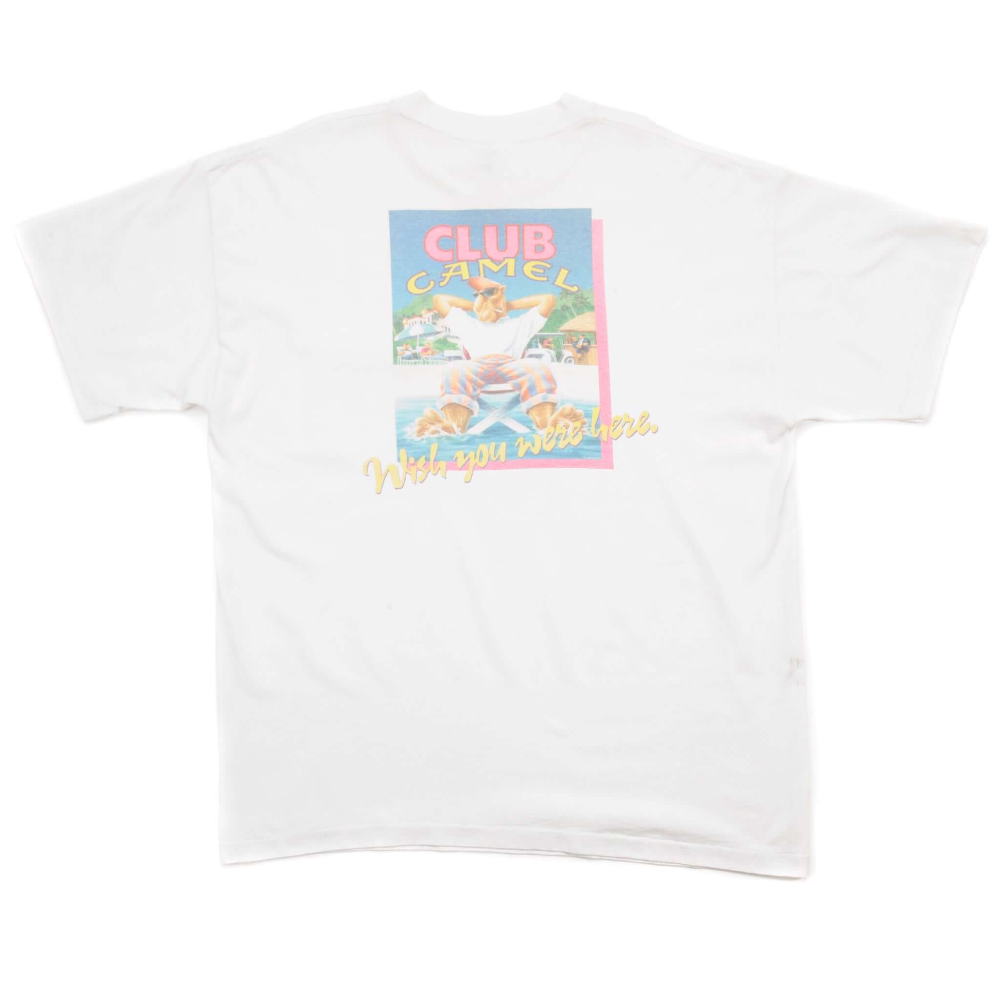 Vintage Club Camel Wish you were here Tee Shirt 1991 Size Large Made In USA With Single Stitch Sleeves. white