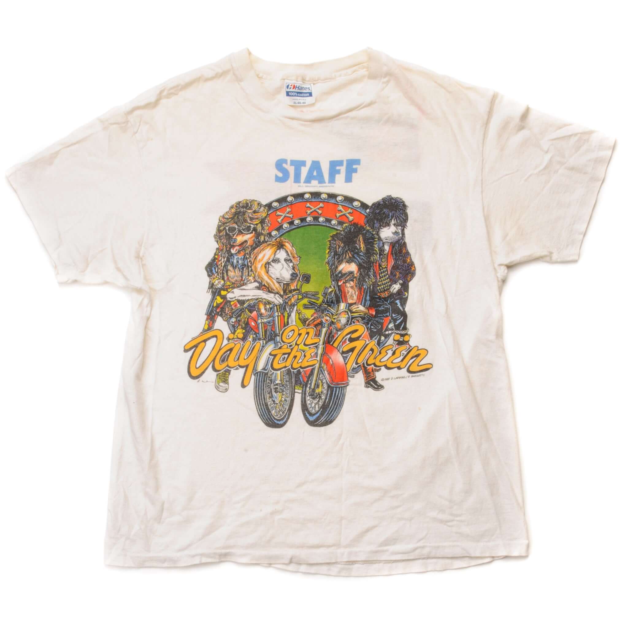 Vintage Day On The Green Festival By Robert Graham With Motley Crue, Poison, Whitesnake And Jet Boy Tee Shirt 1987 Size Large Made In USA With Single Stitch Sleeves. white