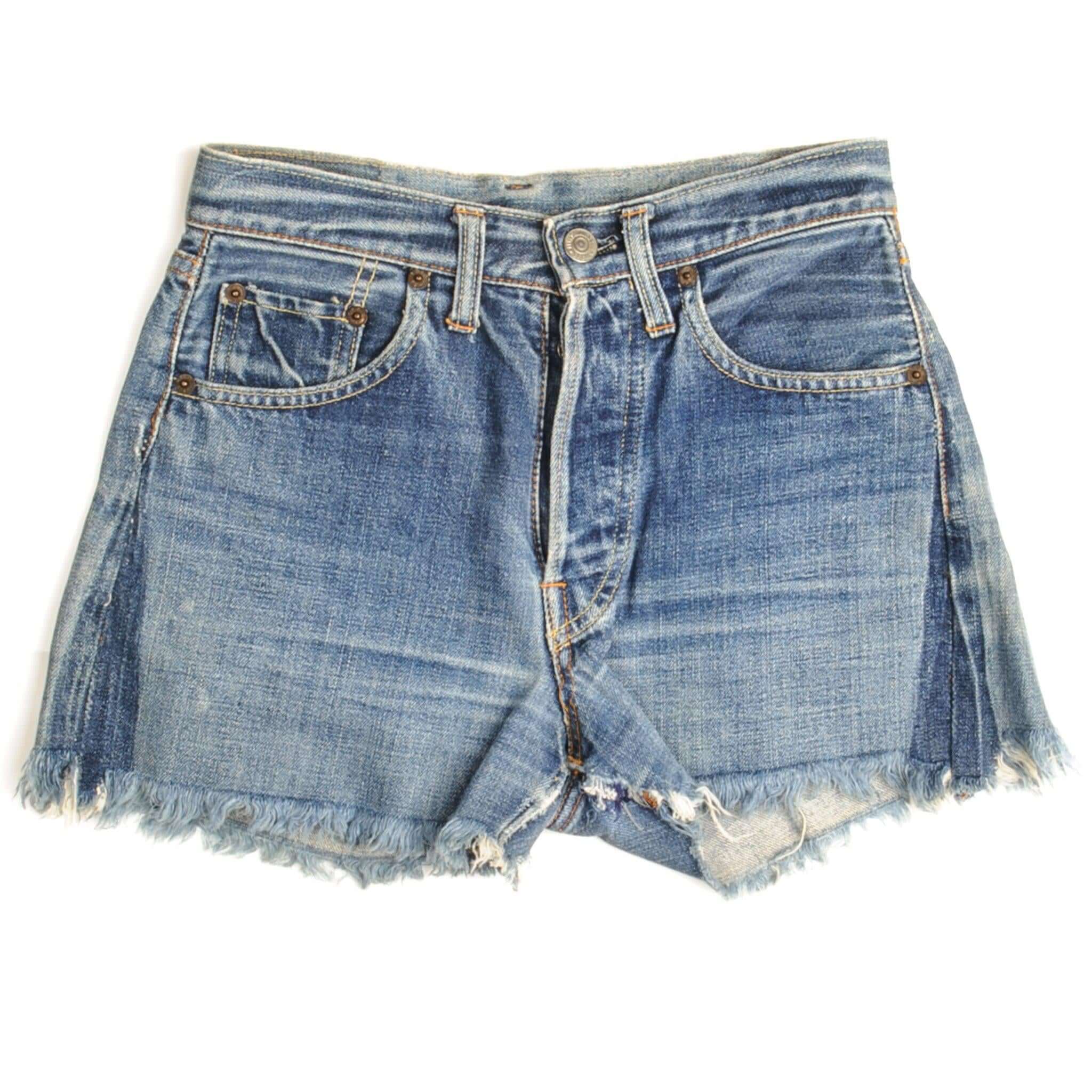 Front of Levi's 501 medium blue denim cutoff shorts with five-pocket styling and frayed hems