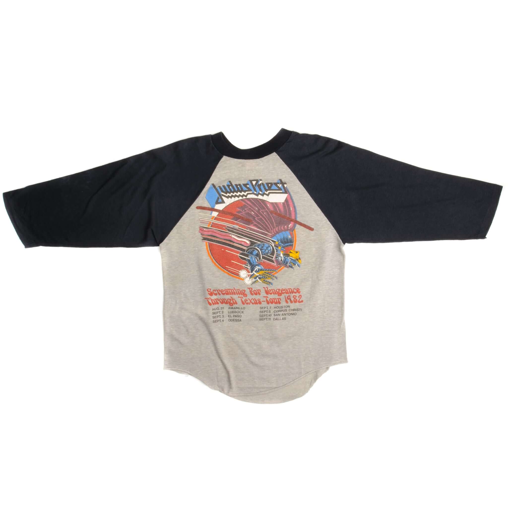 Vintage Judas Priest Screaming For Vengeance Through Texas Tour Tee Shirt 1982 Size Small Made In USA with single stitch sleeves. grey