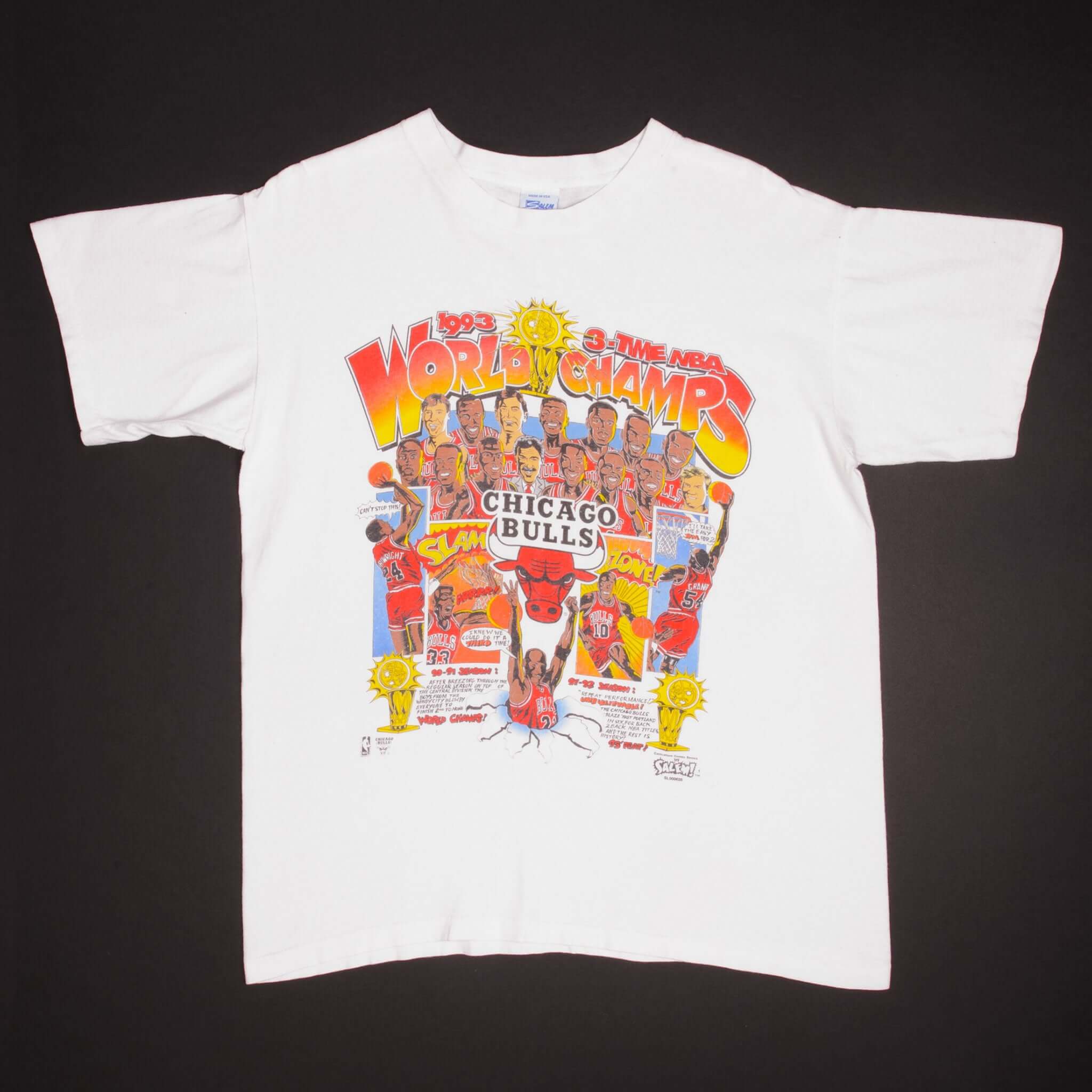 Vintage White NBA Chicago Bulls 1993 3 Times Champions Tee Shirt Size Medium With Single Stitch Sleeves. Made In USA.
