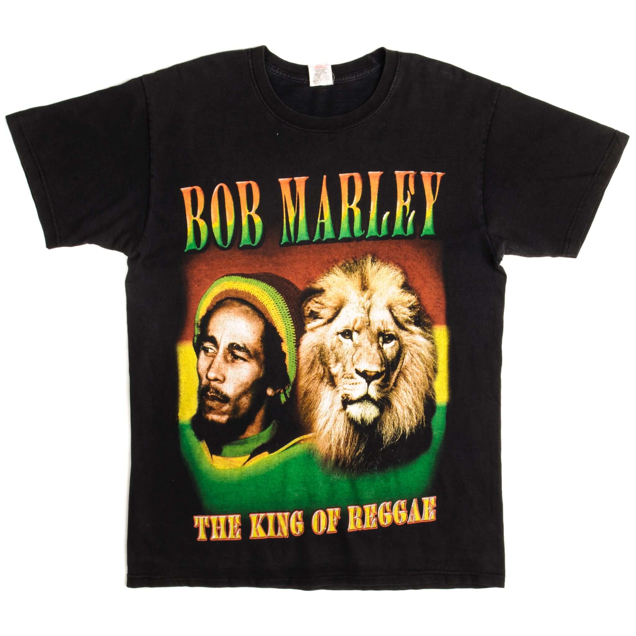 Front of black Bob Marley T-shirt with portrait, lion, and The King of Reggae print