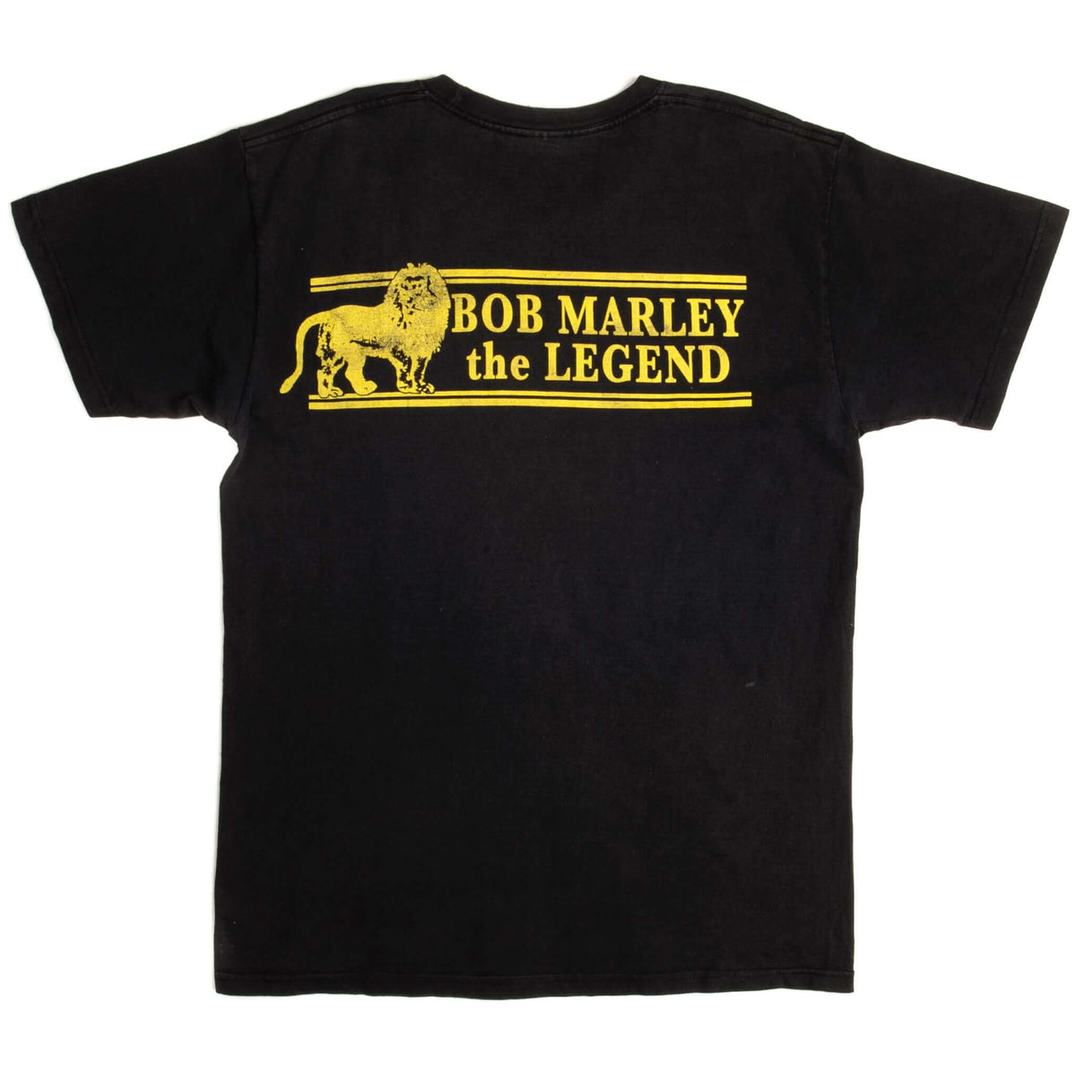 Back of black Bob Marley T-shirt with yellow lion and The Legend print