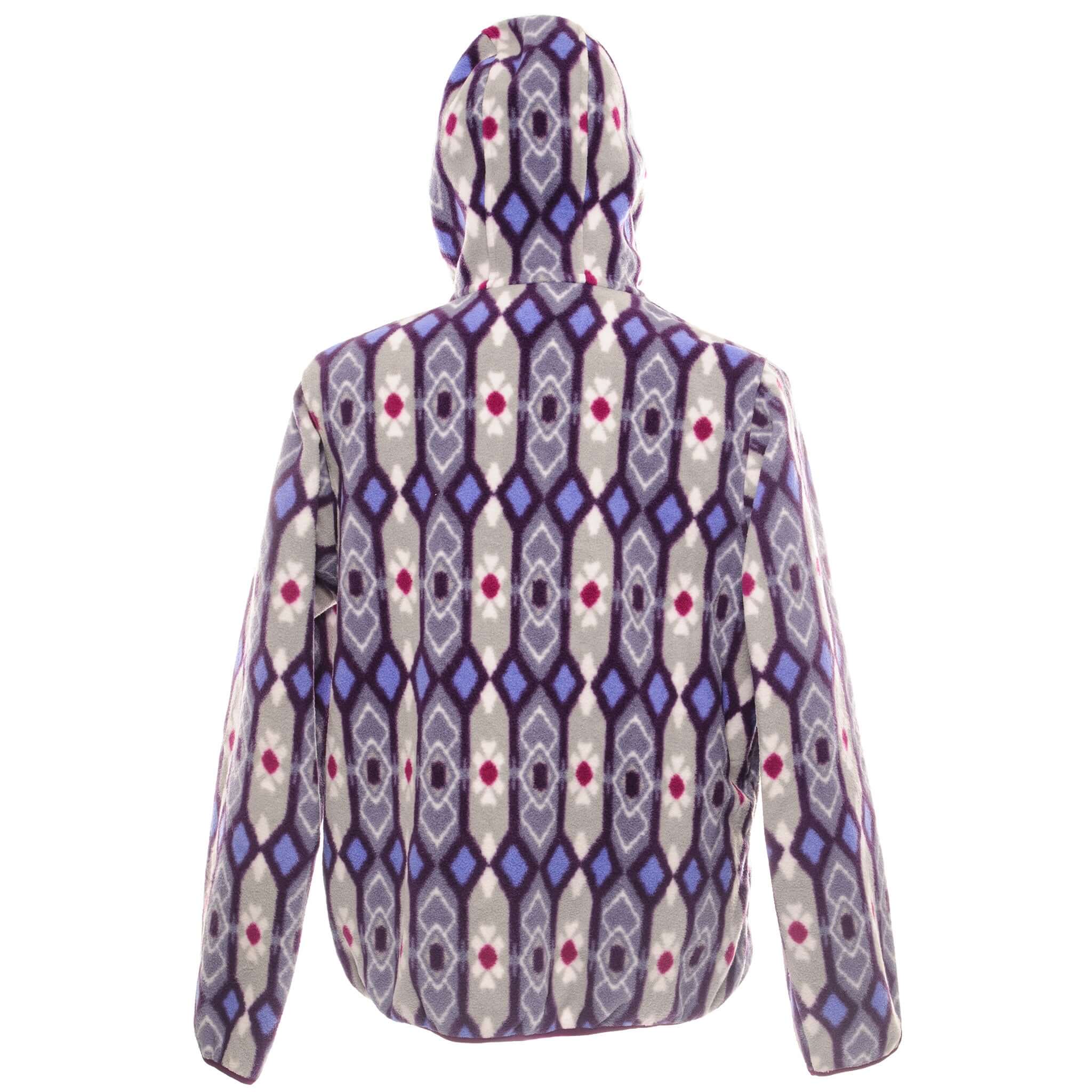 Back view of Patagonia hooded fleece jacket in purple Pine Patch/Lupine pattern