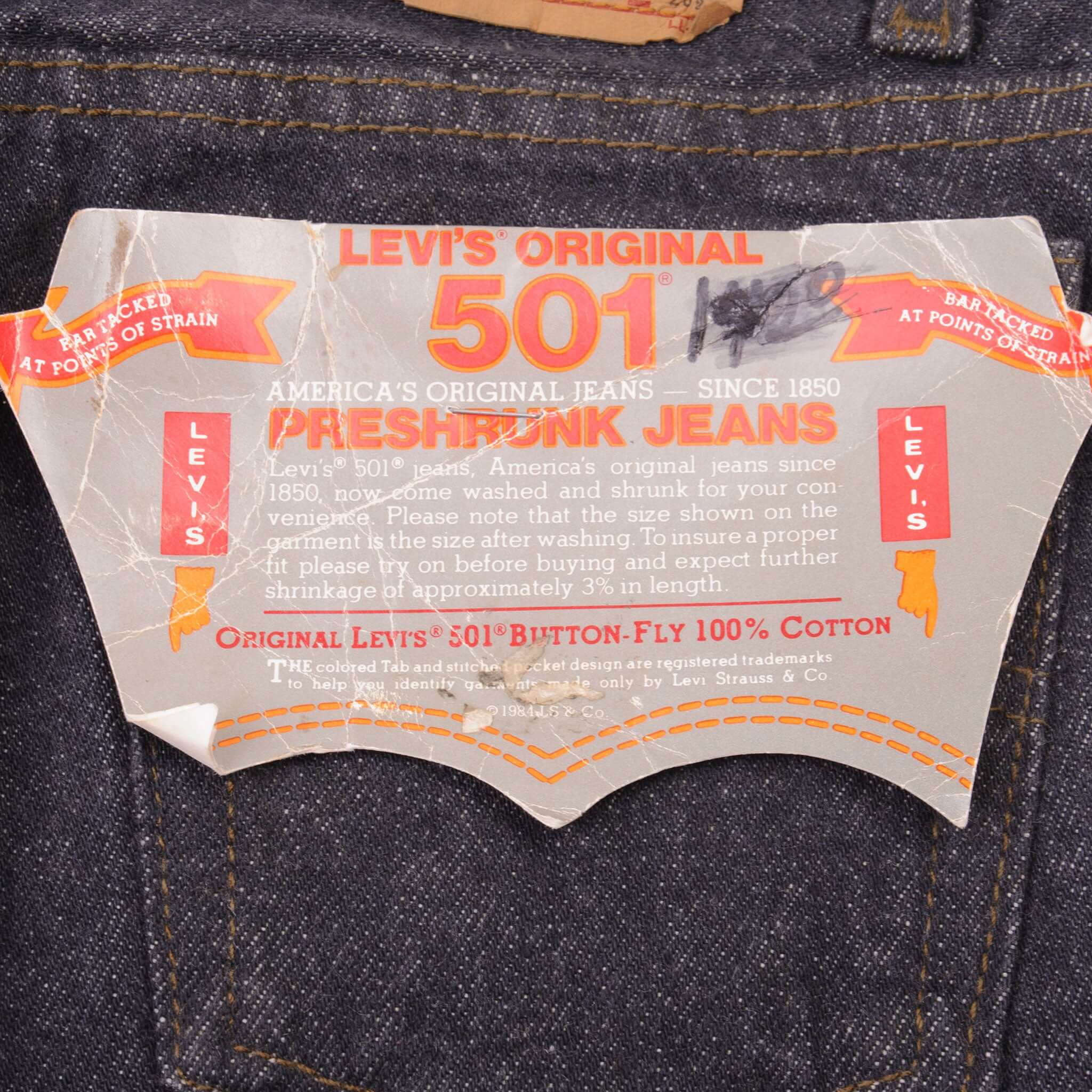 Vintage Levis 501 Preshrunk Jeans 1984 Size 24X26 1/2 W24 L26 1/2 Made In Usa Deadstock Size on Tag 31X33 Back Button #511