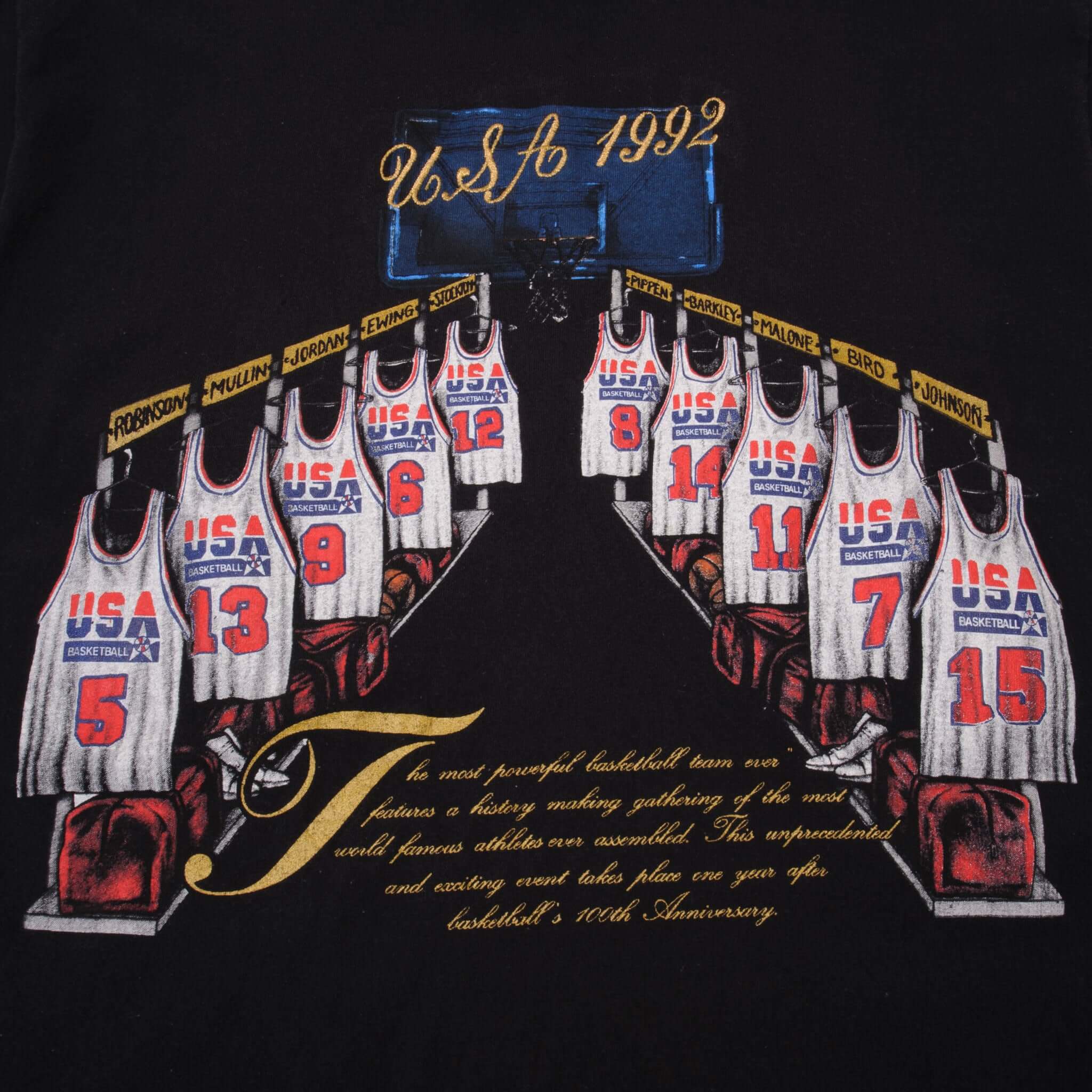 Vintage NBA Dream Team USA With Jordan, Pippen, Barkley, Stockton, Mullin, Robinson, Malone, Bird, Ewing, Johnson Tee Shirt 1992 Size Large Made In USA With Single Stitch Sleeves