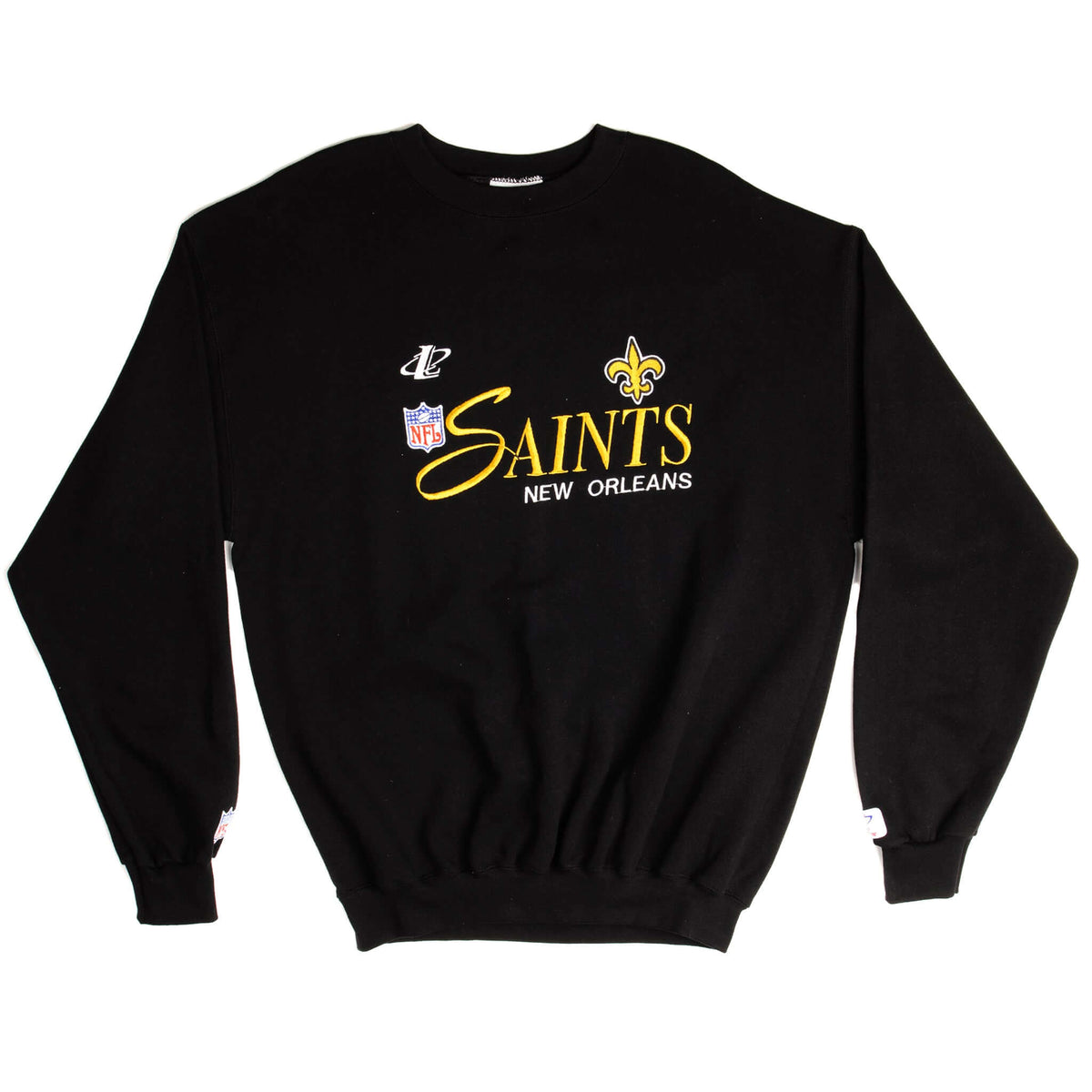 Full front view of black New Orleans Saints crewneck sweatshirt