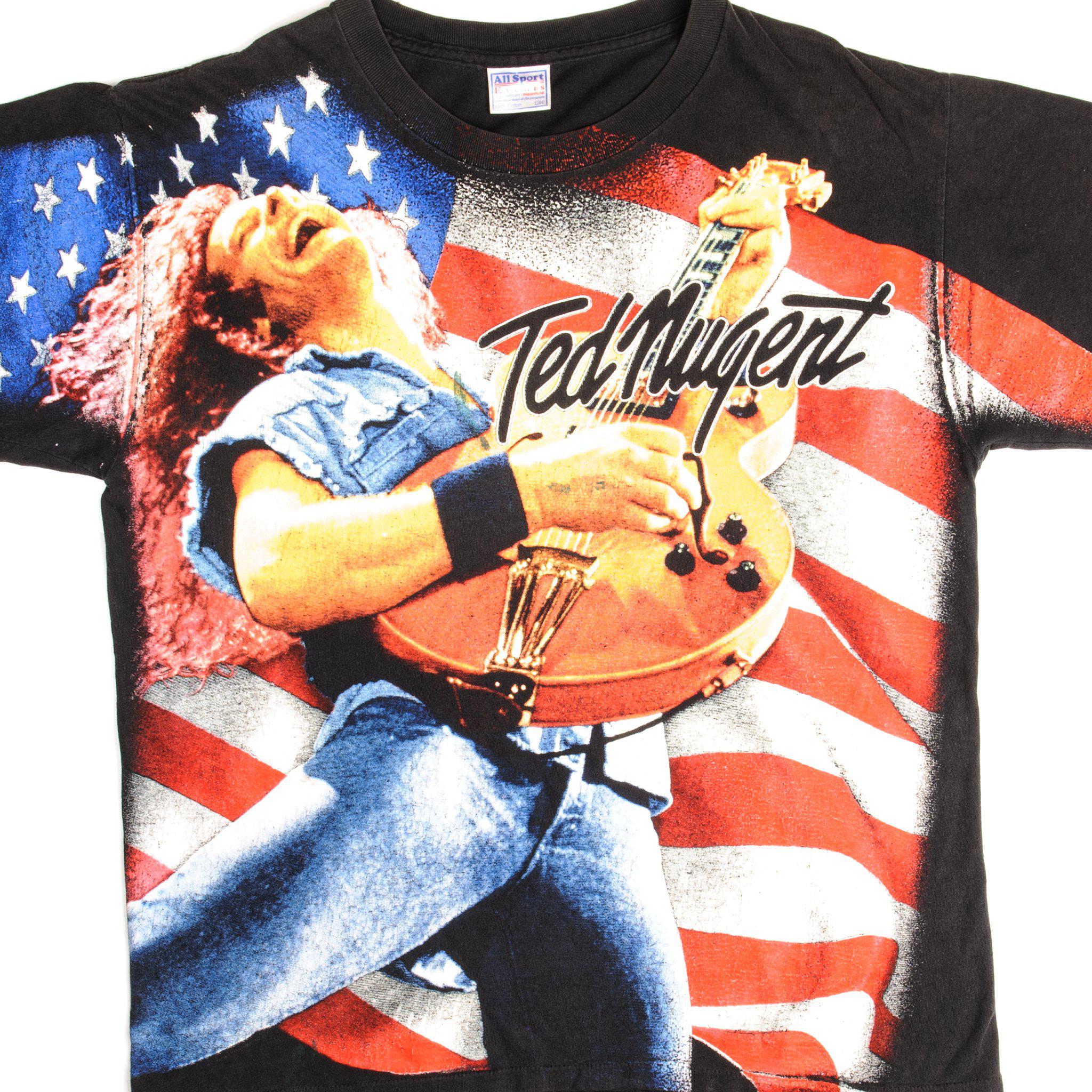 VINTAGE TED NUGENT TEE SHIRT 1990s SIZE LARGE ALL OPVER PRINT