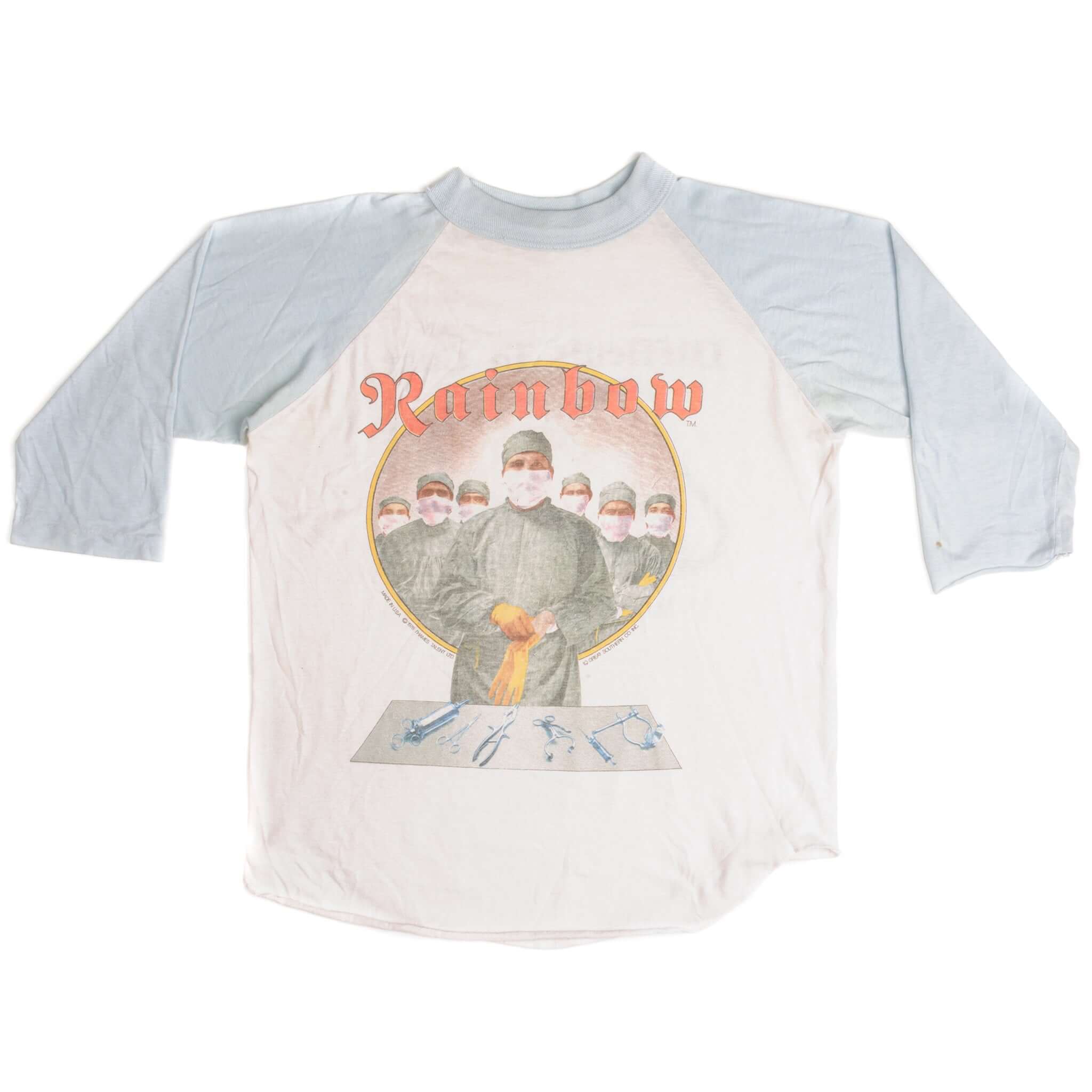 Front of white and light blue Rainbow raglan tour tee