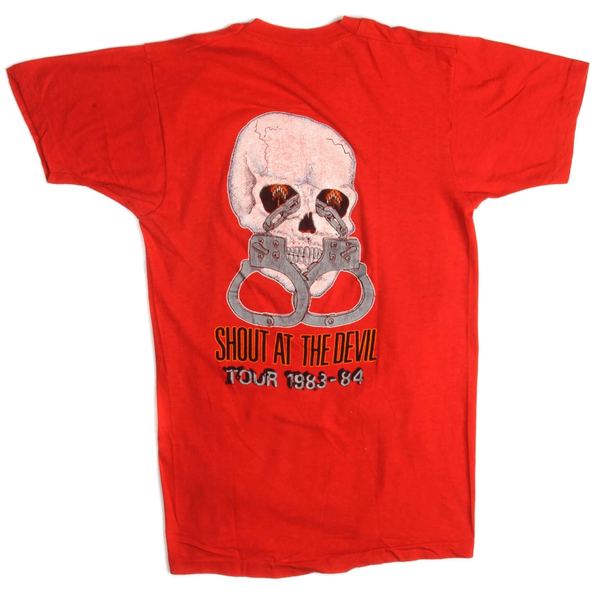 Vintage Motley Crue Shout At The Devil Tour 1983-84 Nikki Sixx, Vince Neil, Tommy Lee, Mick Mars Tee Shirt Size XSmall Made In USA With Single Stitch Sleeves.