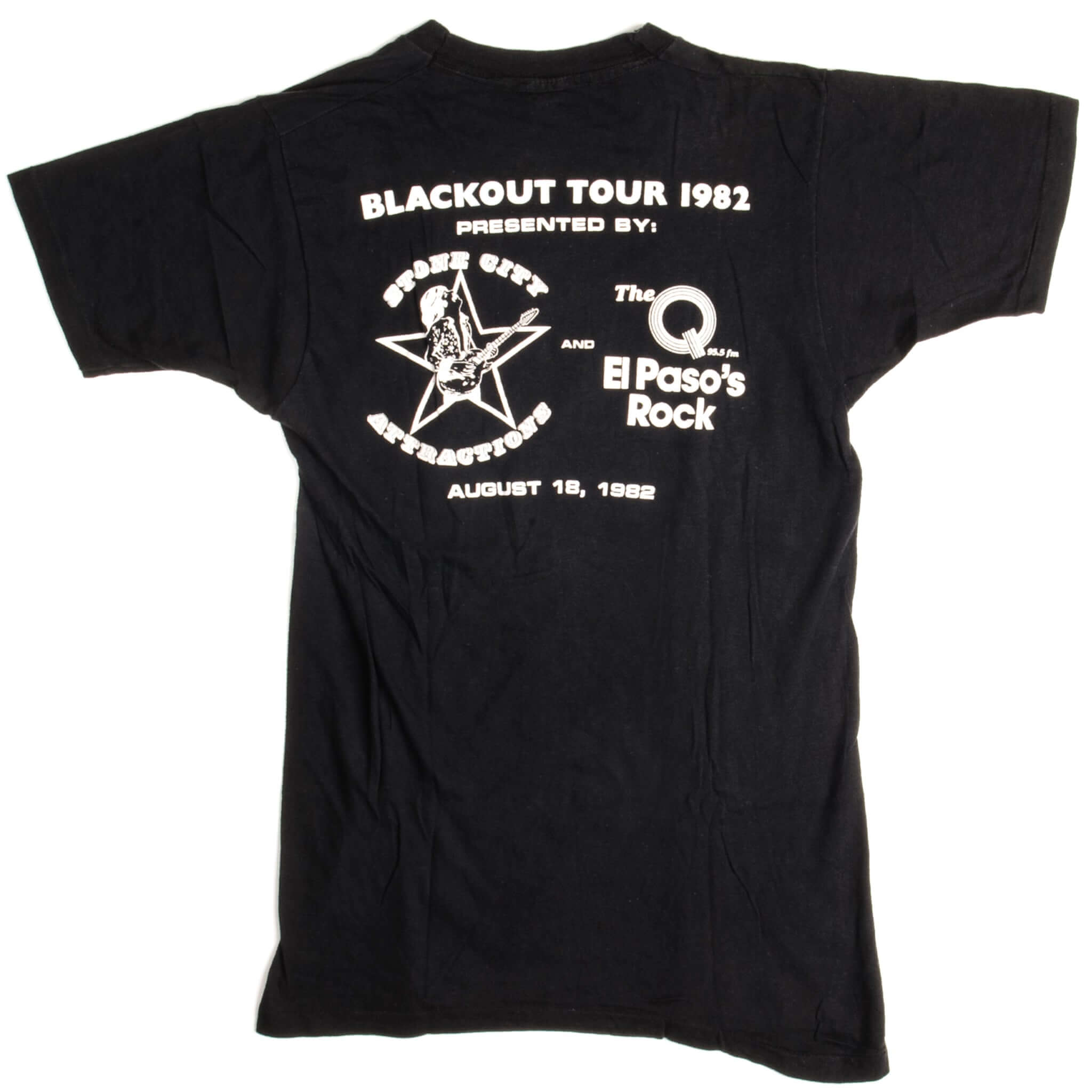 Back of black Scorpions Blackout Tour T-shirt with white August 18, 1982 event print