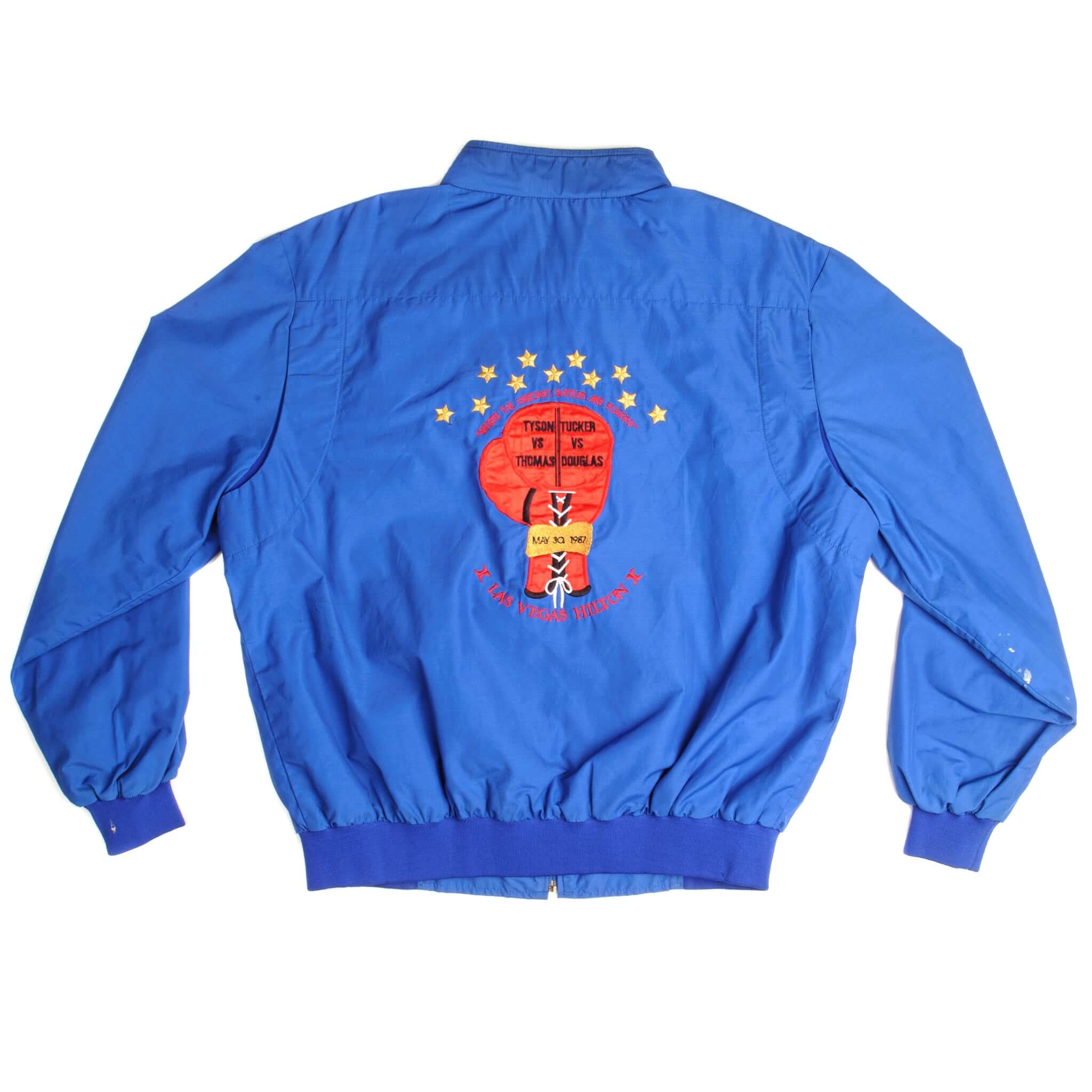 Hilton Las Vegas Mike Tyson VS Pinklon Thomas Tony Tucker VS Buster Douglas Where the historic battle are rough. Vintage Nylon Jacket May 30th 1987 Size Large.