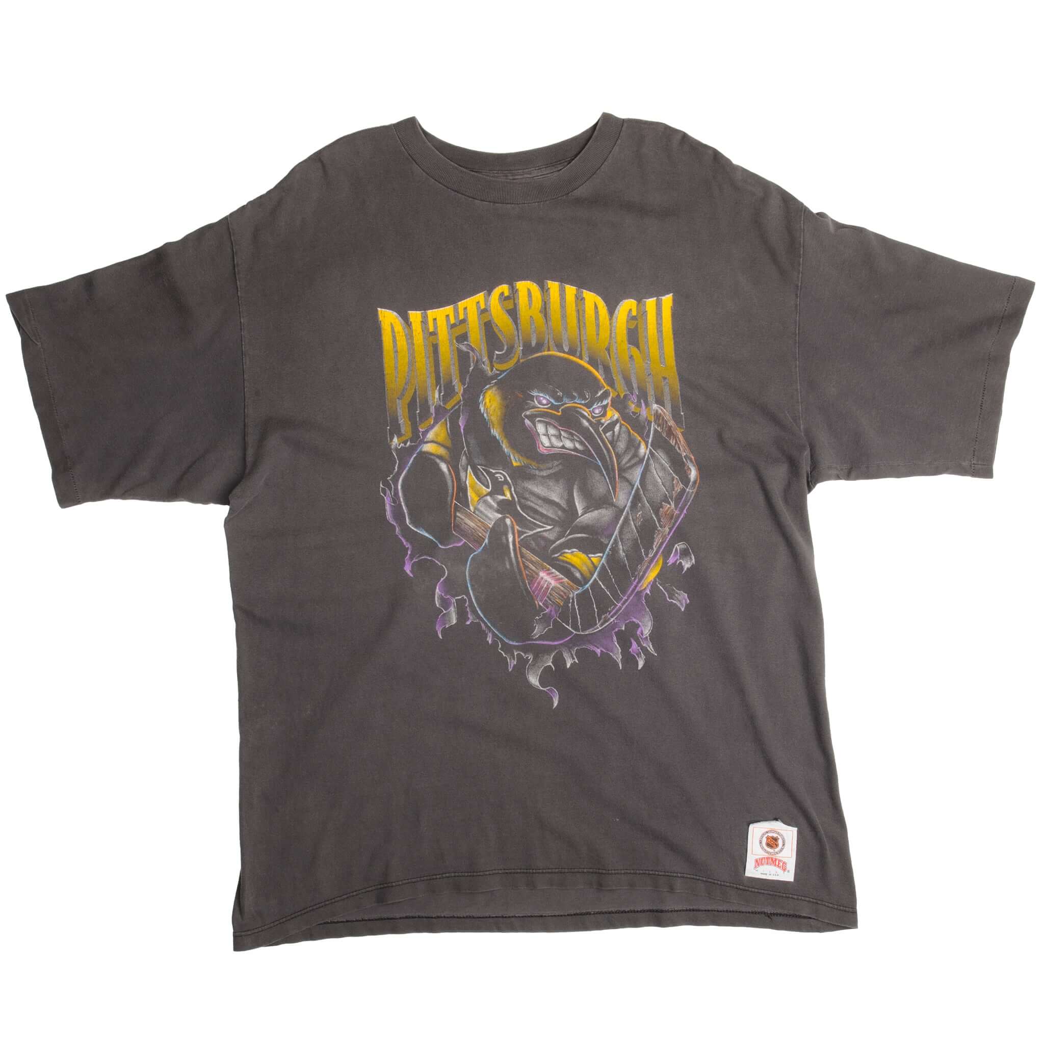 Vintage NHL Pittsburgh Penguins Nutmeg Mills Tee Shirt 1990s Size X-Large Made In USA With Single Stitch Sleeves.