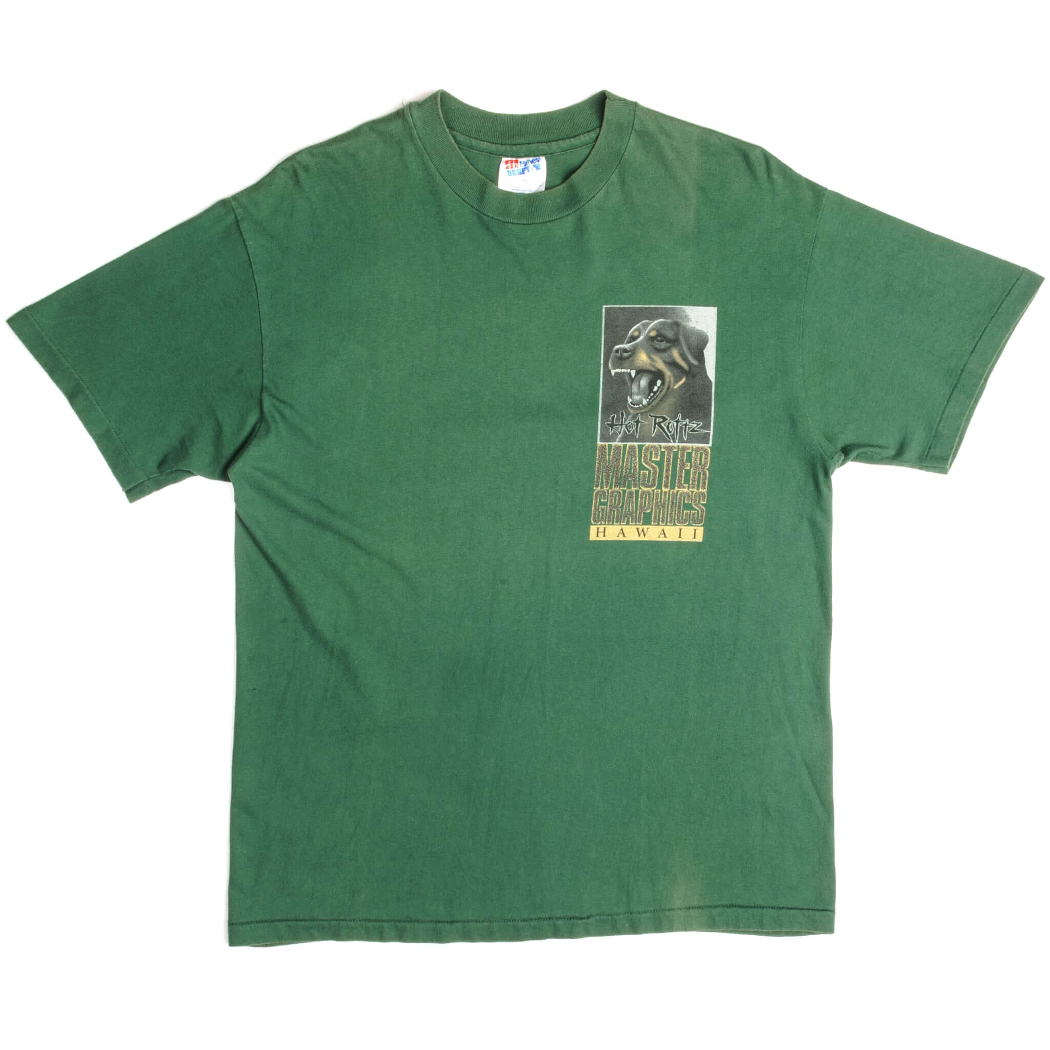 Vintage Hot Rottz Master Graphics Hawaii Rott N Roll Hanes Beefy-T Tee Shirt 1990S Size Medium Made In USA With Single Stitch Sleeves.