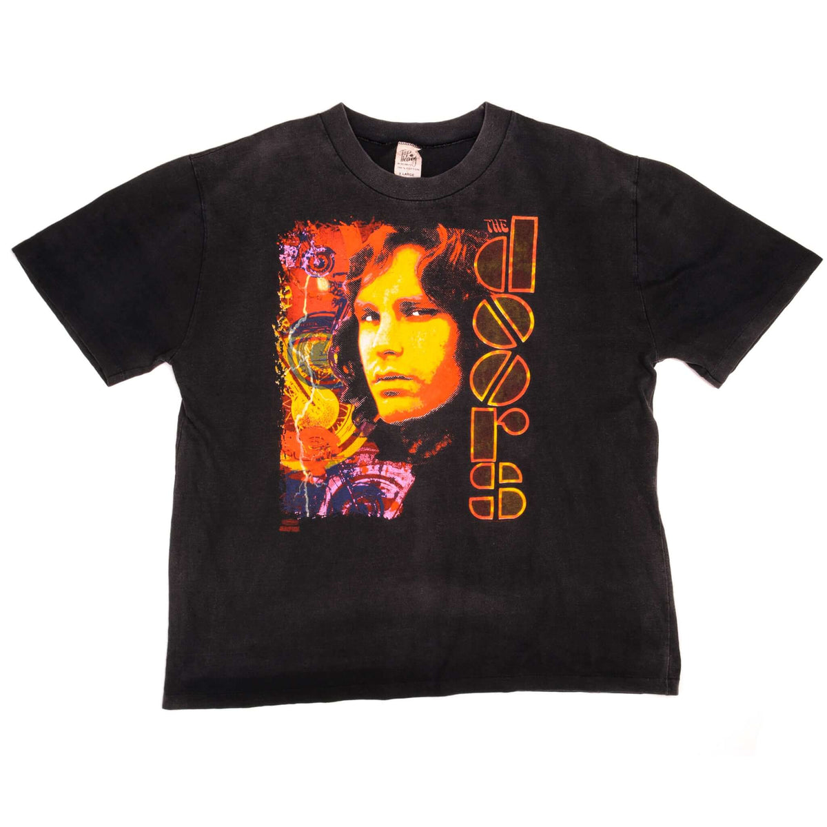 Full front of black The Doors T-shirt with colorful Jim Morrison graphic