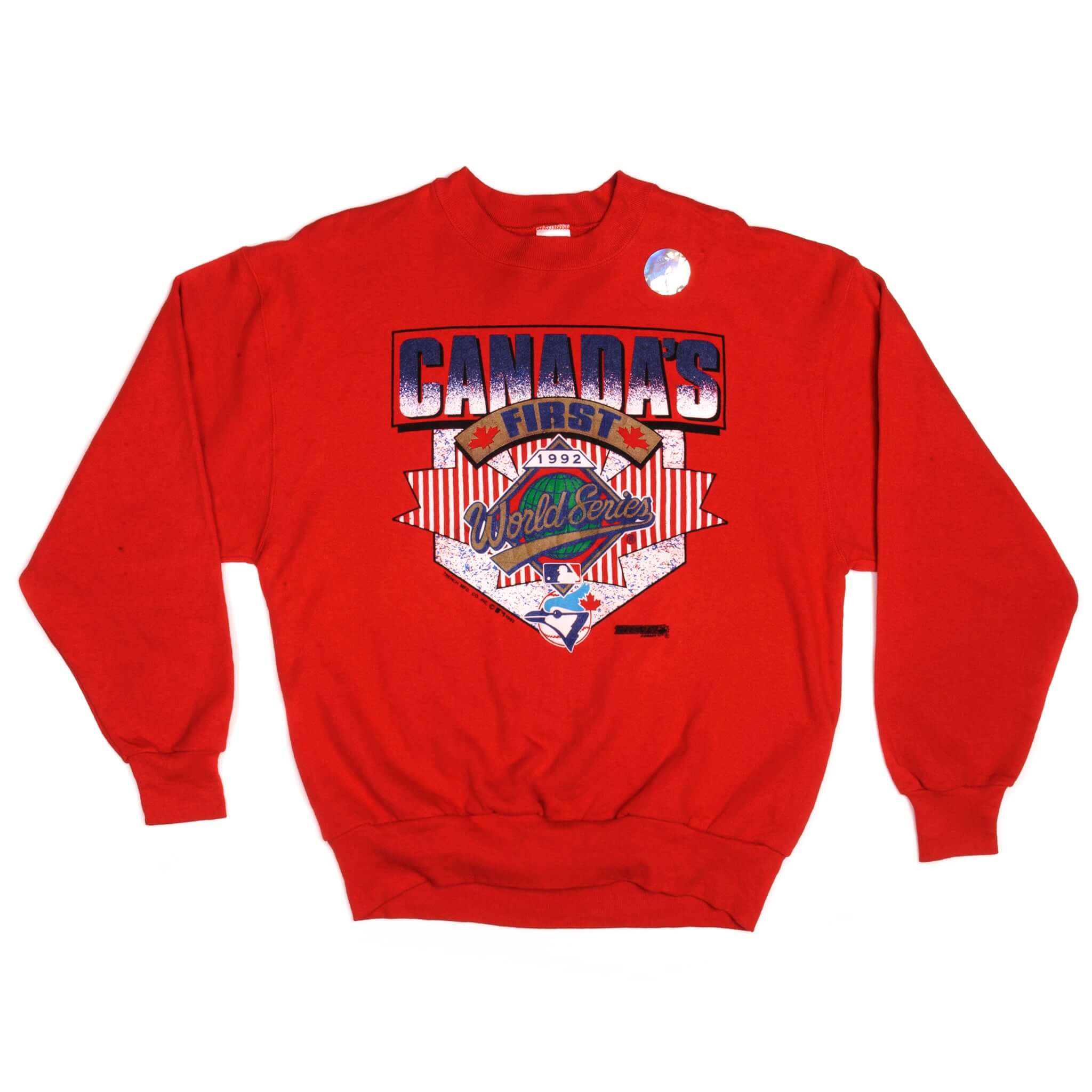 Full front view of red sweatshirt with Canada's First 1992 World Series print