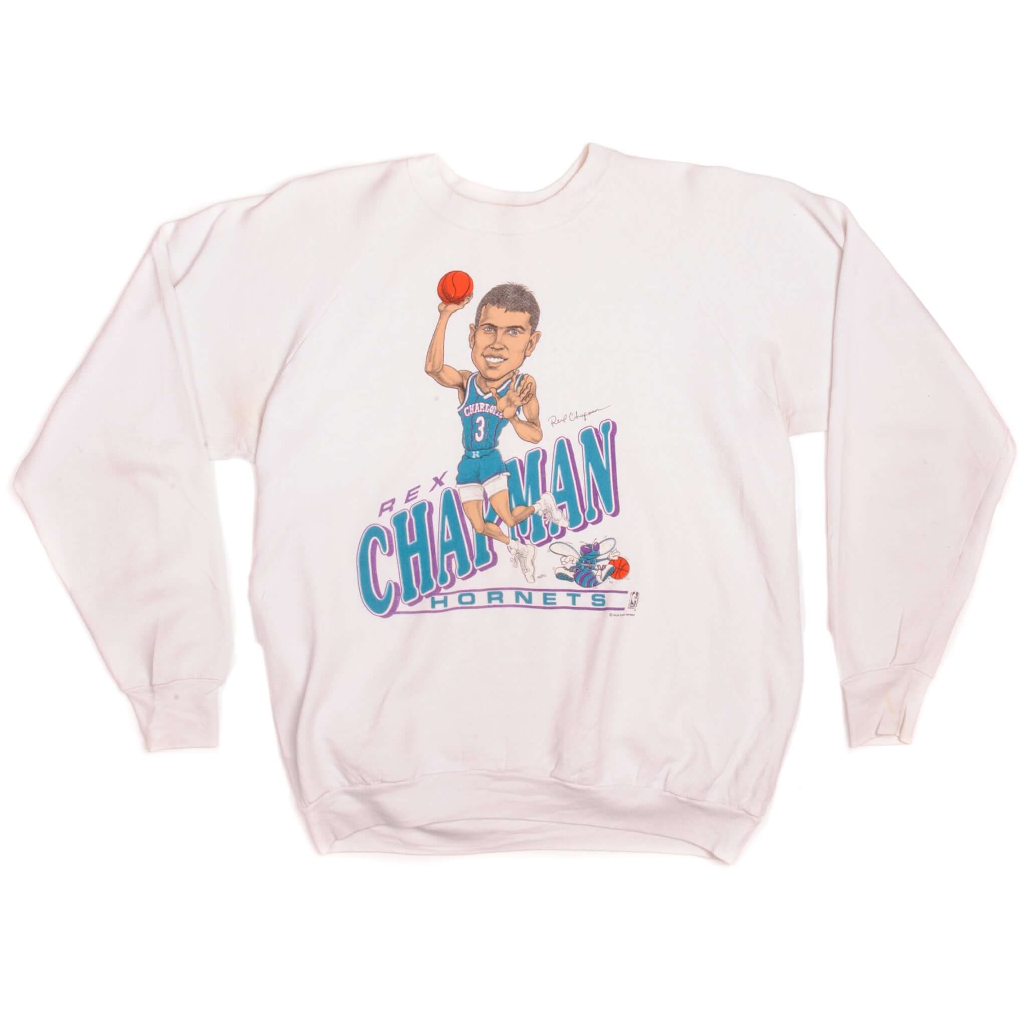 Front of light pink Charlotte Hornets sweatshirt with Rex Chapman basketball graphic