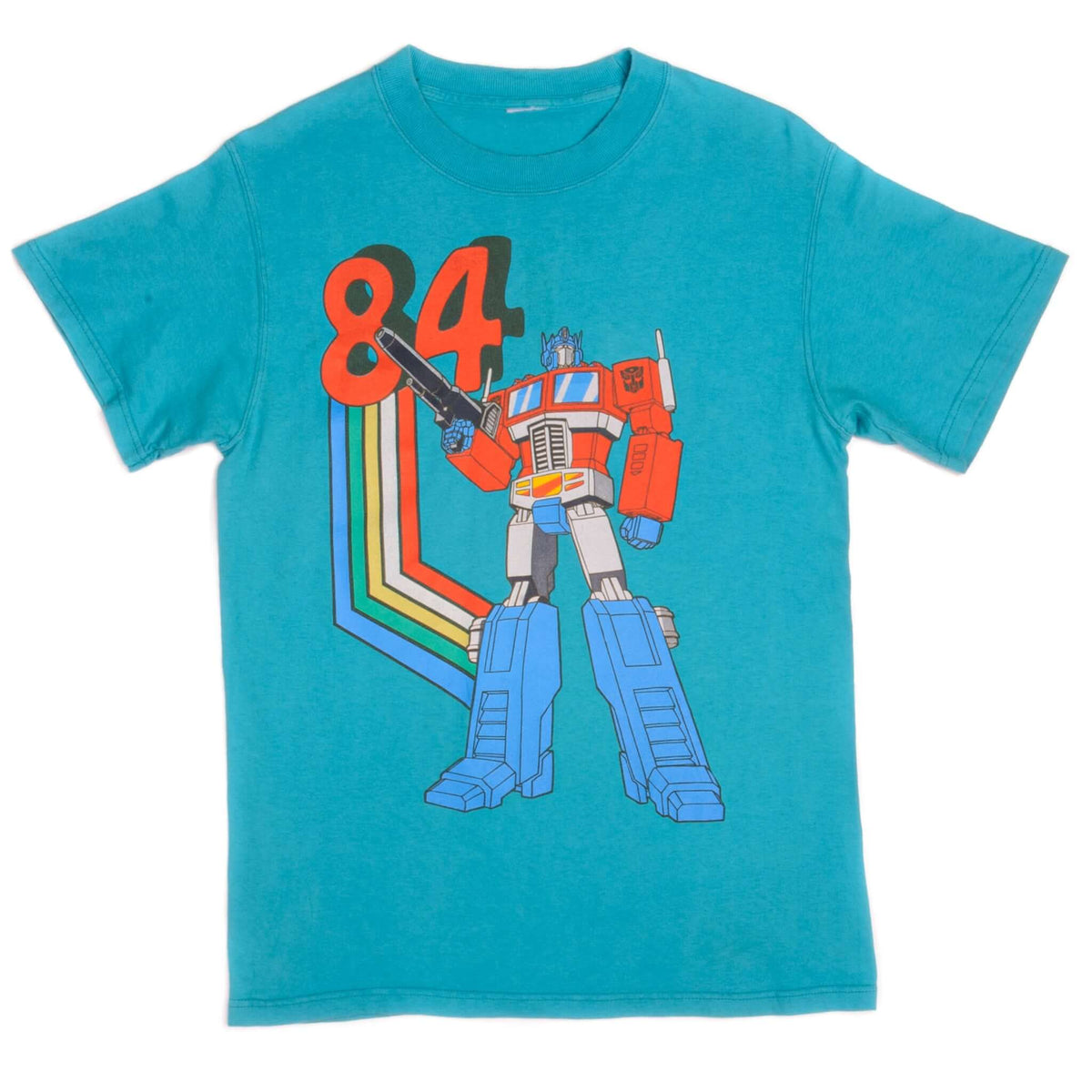 Full front view of turquoise Transformers 84 T-shirt featuring Optimus Prime