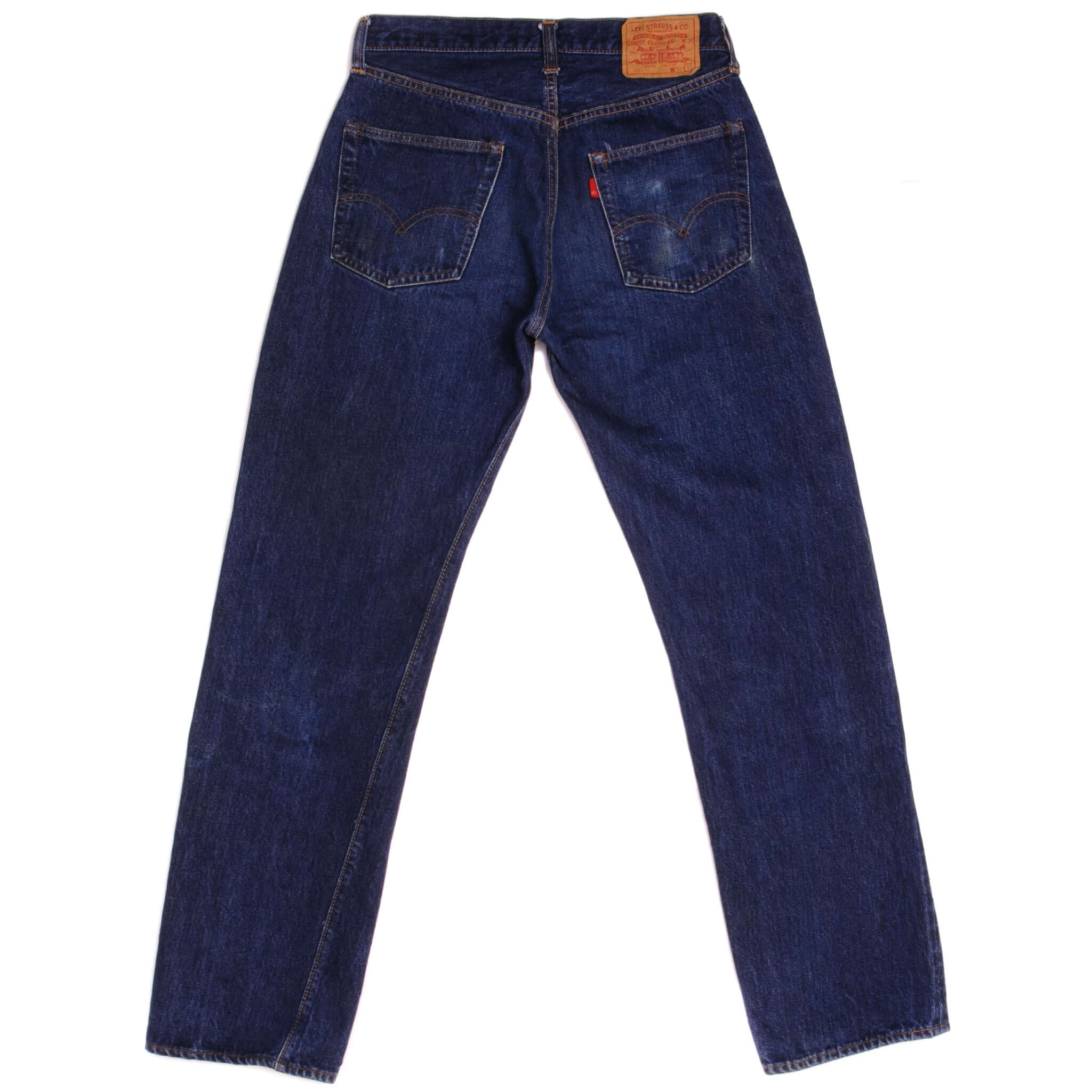 Beautiful Indigo Levis 501 Jeans with Selvedge and Single Stitch Pockets 1980s Made in USA with a medium blue wash and a nice contrast of light and medium blue. Size on Tag 30X33 ACTUAL SIZE 28X30 Back Button #6