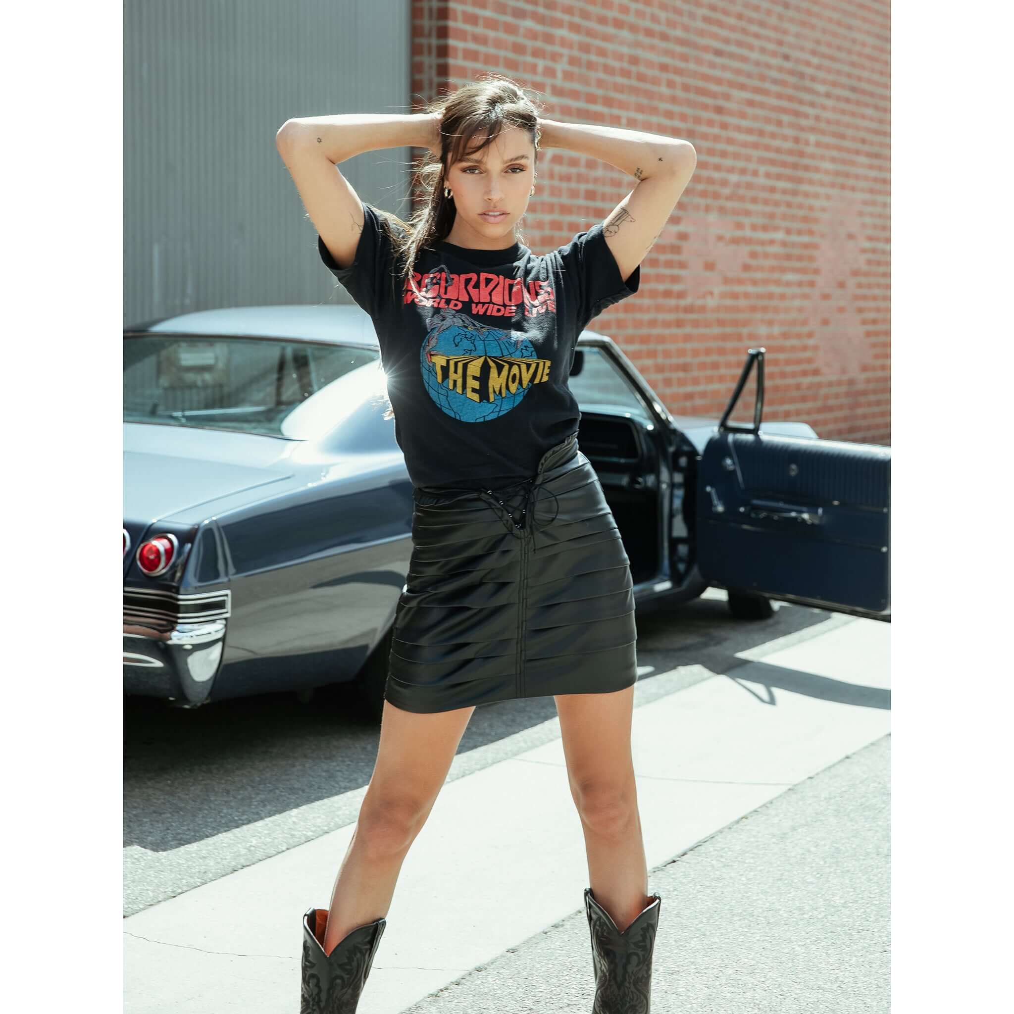 Model wearing black Scorpions World Wide Live The Movie T-shirt