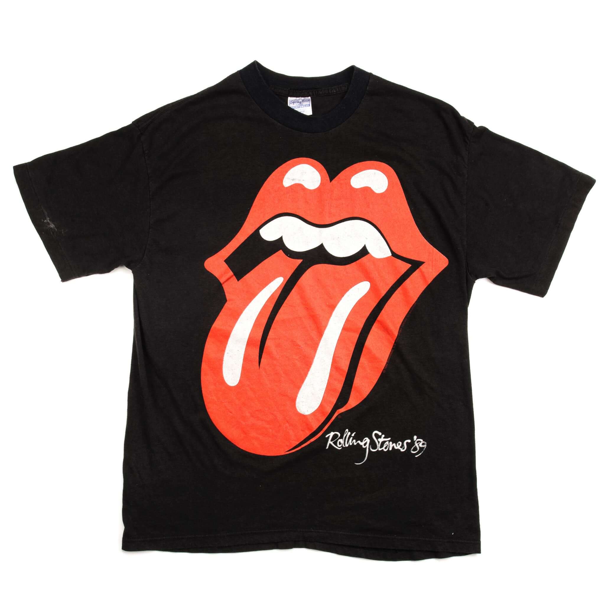 Full front view of black Rolling Stones 1989 tour T-shirt with tongue graphic