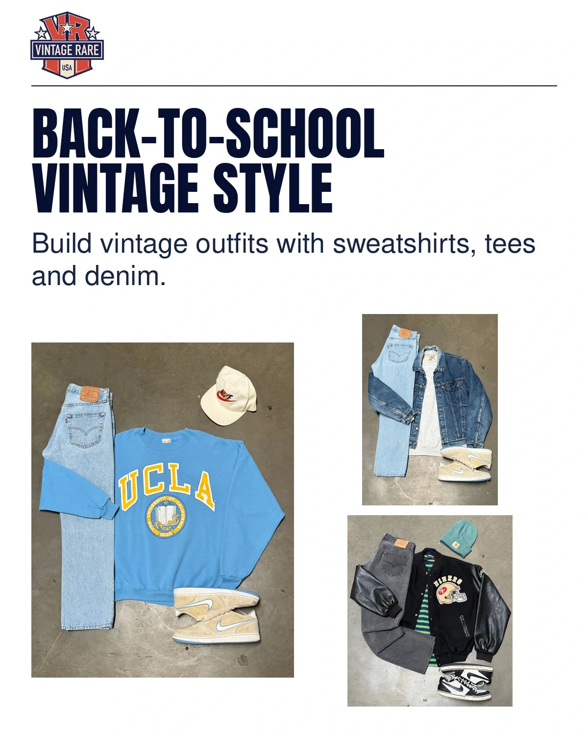 Three original back-to-school outfit photographs: UCLA sweatshirt with jeans, Levi's denim jacket outfit, and San Francisco 49ers varsity jacket outfit.