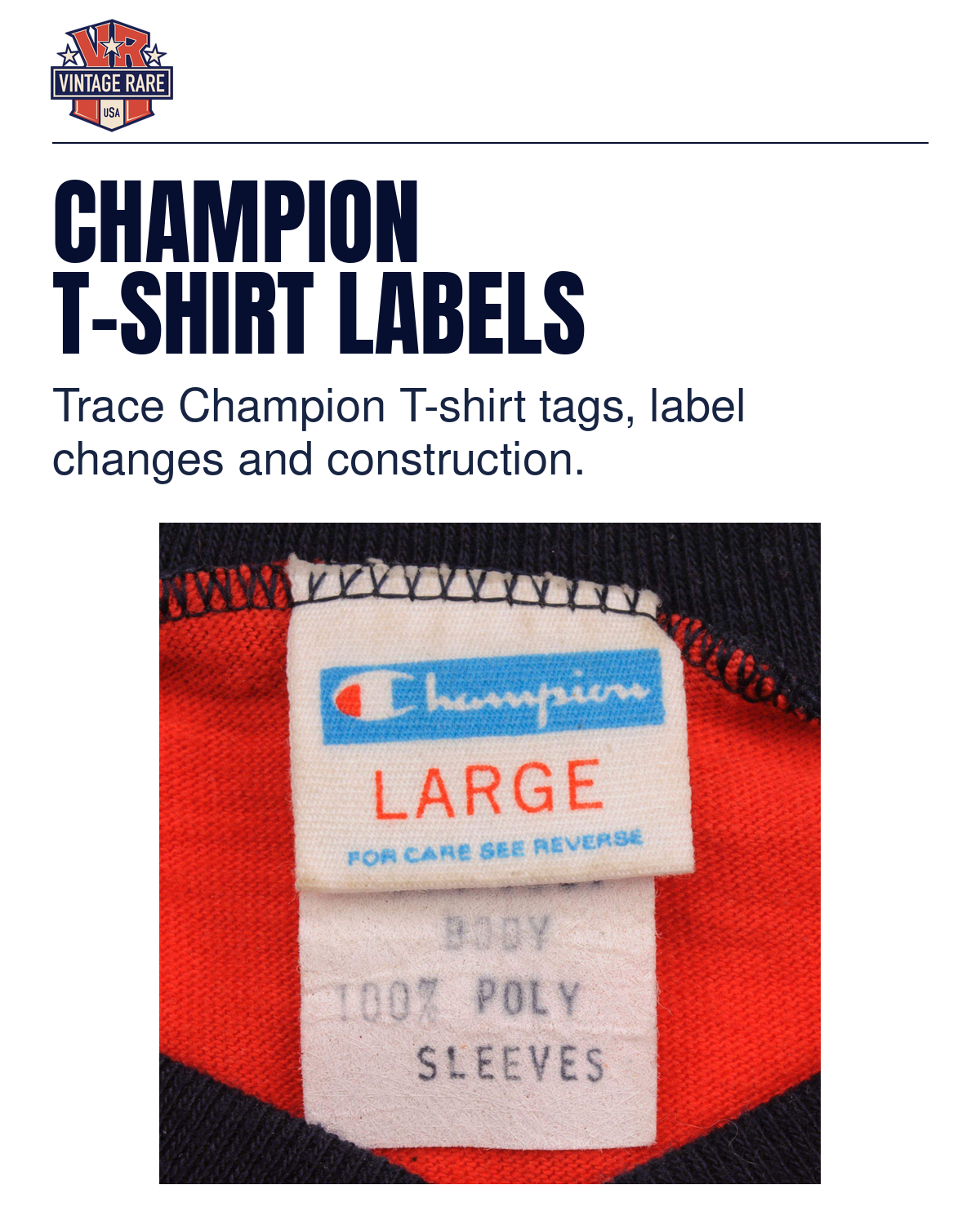 CHAMPION T-SHIRT LABELS — Champion T-shirt label · original archive photograph. Vintage Rare USA guide.