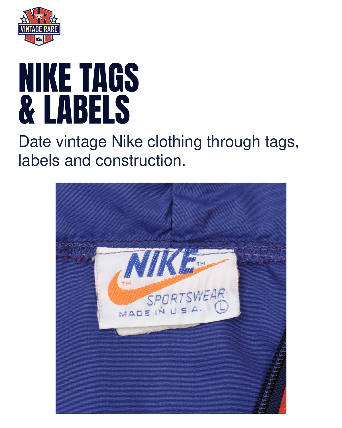 NIKE TAGS & LABELS — Nike Sportswear label · original archive photograph. Vintage Rare USA guide.