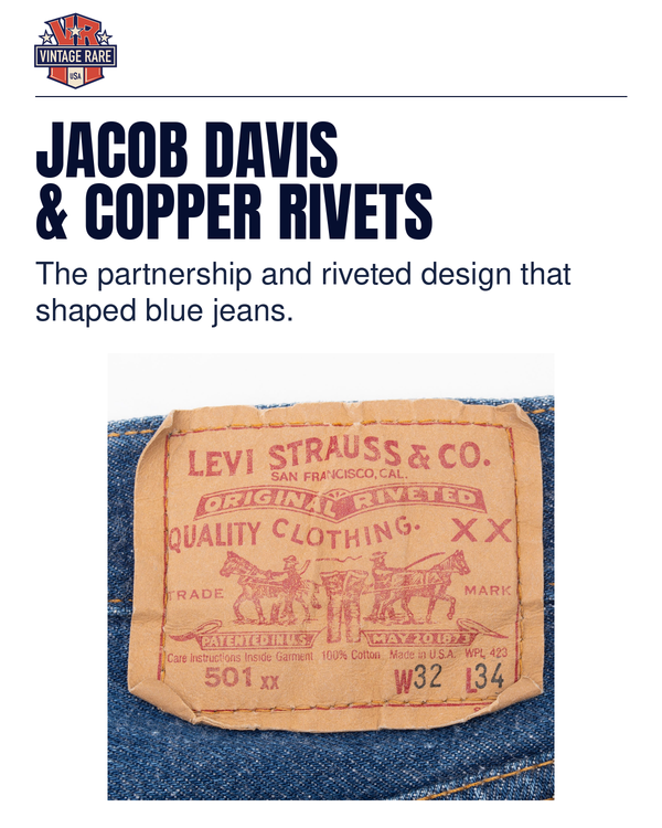 JACOB DAVIS & COPPER RIVETS — Original photograph of a later Levi’s 501 Two Horse patch with Original Riveted wording. Vintage Rare USA guide.