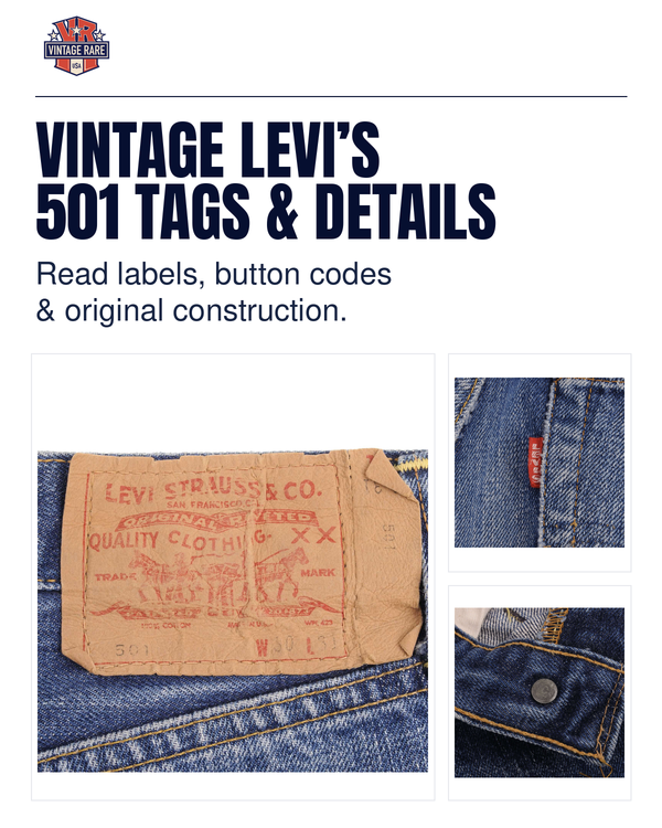 Vintage Levi’s 501 dating guide cover: matching Two Horse waist patch, Big E red tab and number 6 button-back stamp from one archive pair; original Vintage Rare USA photographs