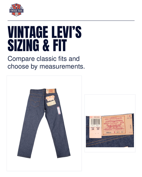 Vintage Levi’s sizing and fit guide cover: original deadstock 501 jeans with paper tags and a matching waist-label close-up showing W34 L32; original Vintage Rare USA photographs