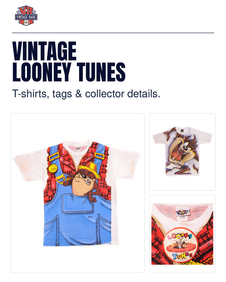 Looney Tunes guide collage: original Taz overalls-design T-shirt, Taz Space Jam tee and matching Looney Tunes neck label and hangtag, with the unchanged Vintage Rare USA logo.
