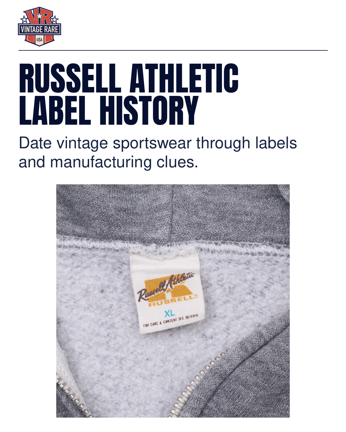 RUSSELL ATHLETIC LABEL HISTORY — Russell Athletic label · original archive photograph. Vintage Rare USA guide.