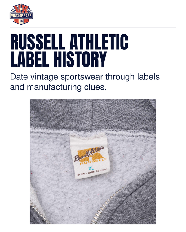 RUSSELL ATHLETIC LABEL HISTORY — Russell Athletic label · original archive photograph. Vintage Rare USA guide.