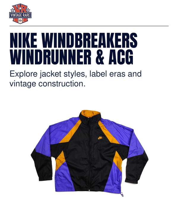 NIKE WINDBREAKERS WINDRUNNER & ACG — Nike black, purple and gold windbreaker. Vintage Rare USA guide.
