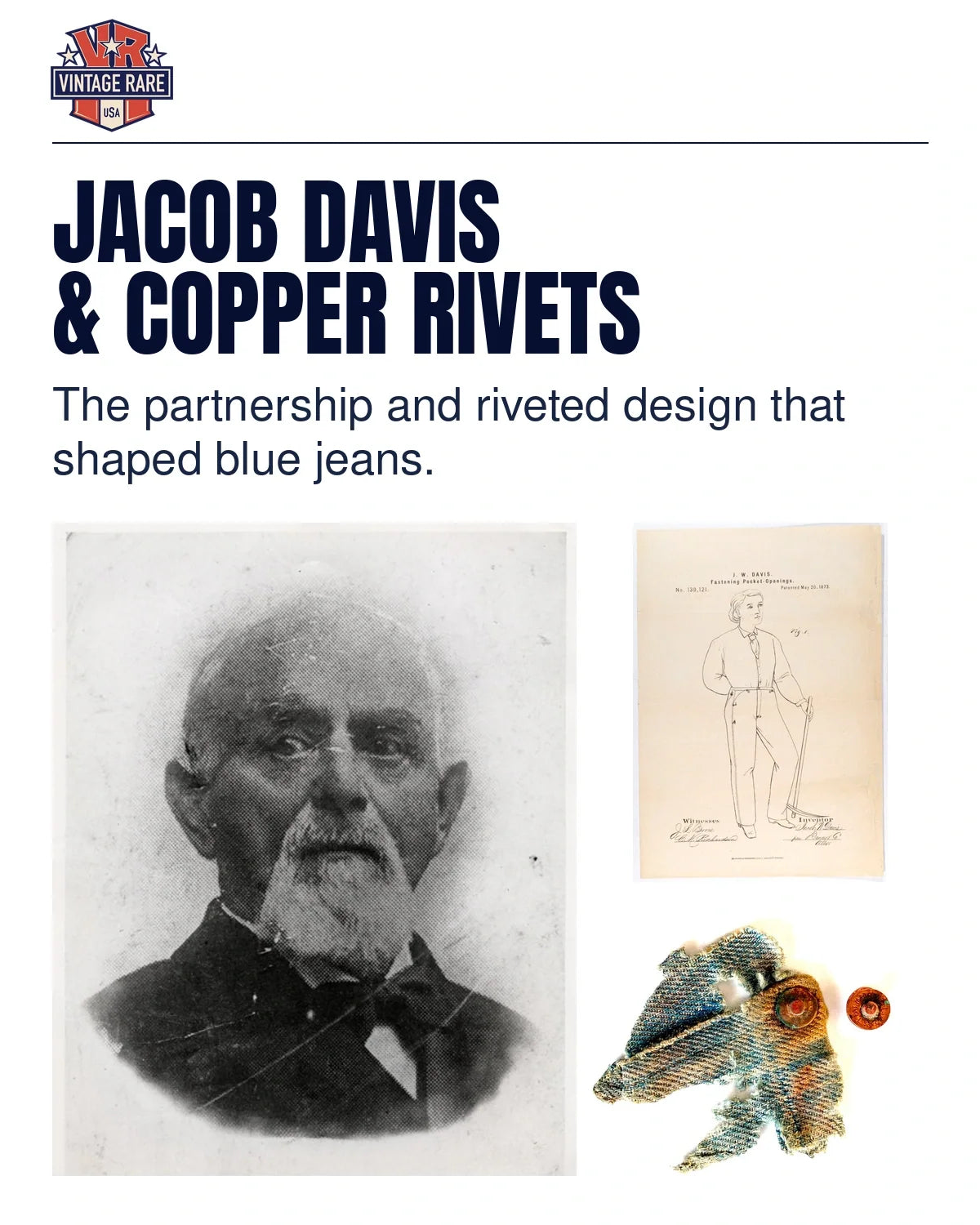 Jacob Davis and copper rivets guide: archival portrait of Jacob Davis, patent drawing and historic rivet photograph.