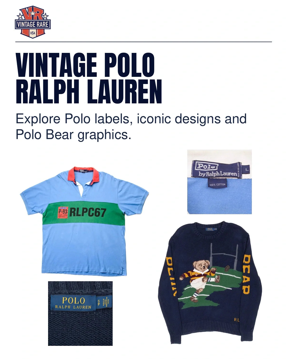 Vintage Polo Ralph Lauren collage with an RLPC67 polo, Polo Bear sweater, and two complete original label photographs.