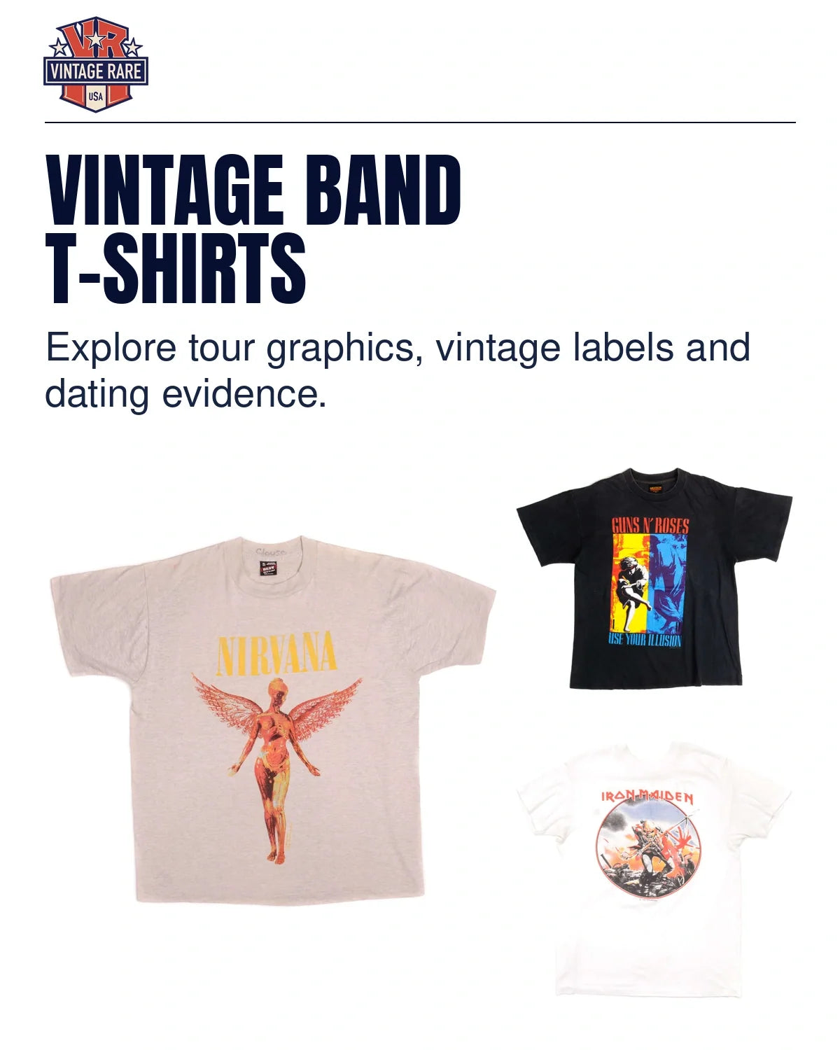 Vintage band T-shirt collage showing three different original catalog garments: Nirvana In Utero, Guns N' Roses Use Your Illusion, and Iron Maiden The Trooper.