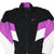 Front close-up of black Nike windbreaker with purple and white sleeves and purple Swoosh embroidery