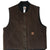Front of dark brown Carhartt zip vest with black ribbed collar and two patch pockets