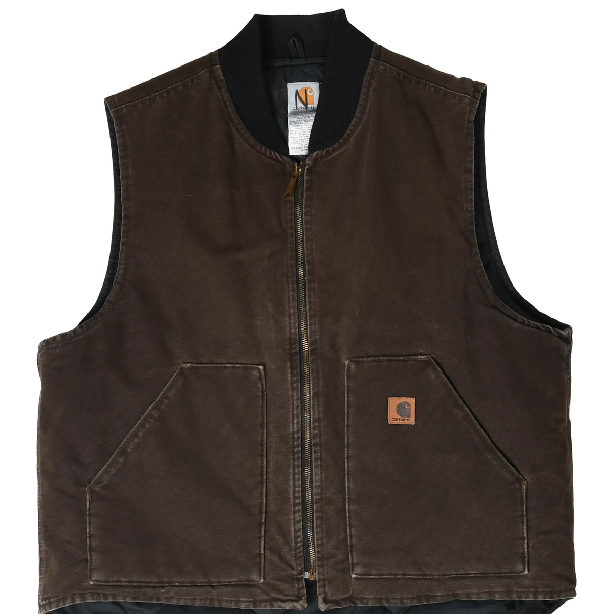 Front of dark brown Carhartt zip vest with black ribbed collar and two patch pockets