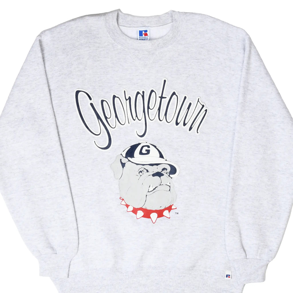 Front of gray Russell Athletic Georgetown Hoyas sweatshirt with bulldog graphic