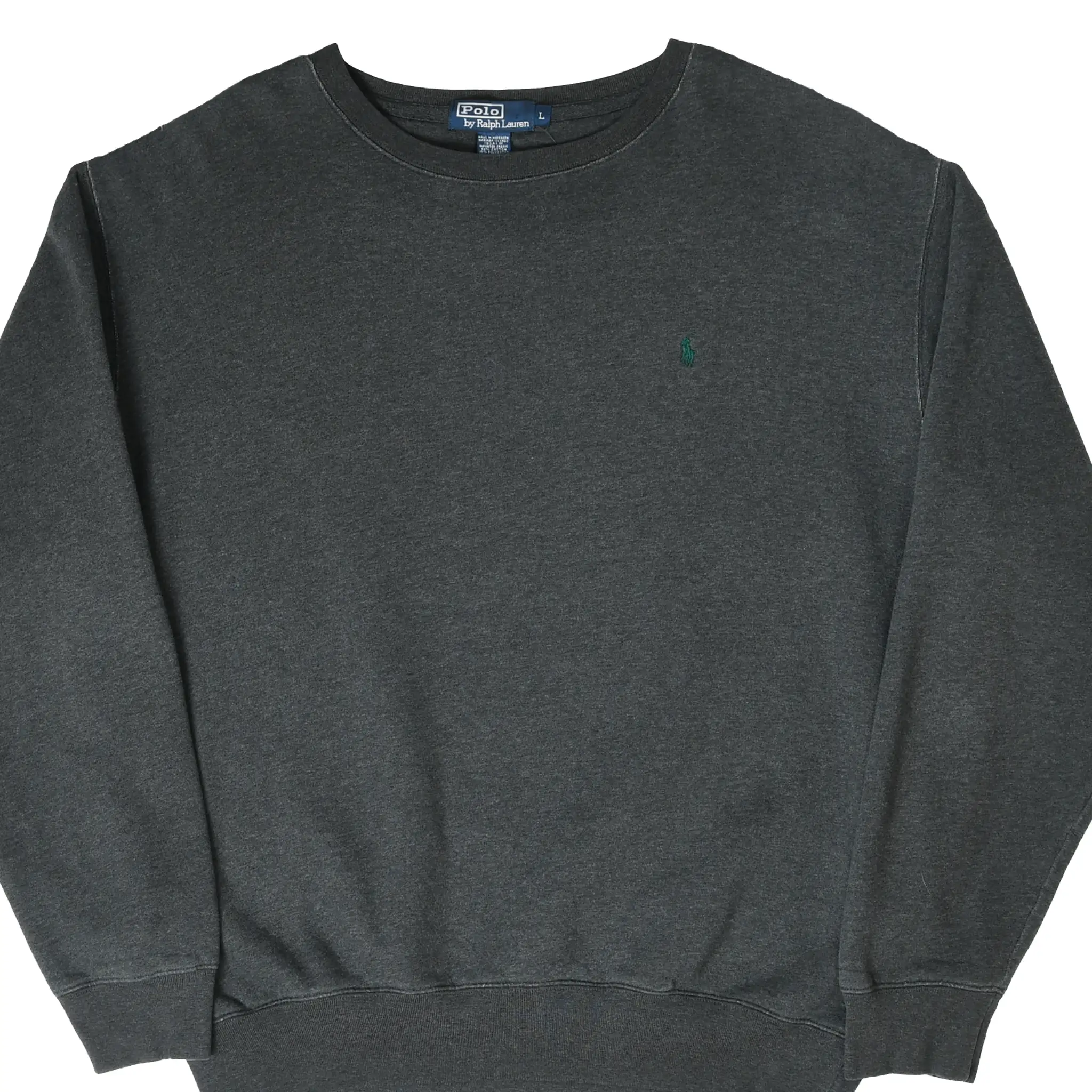 Front of dark grey Polo Ralph Lauren crewneck sweatshirt with green pony embroidery