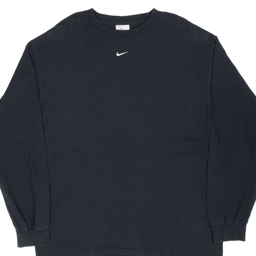 Front of black Nike long-sleeve T-shirt with white embroidered center Swoosh