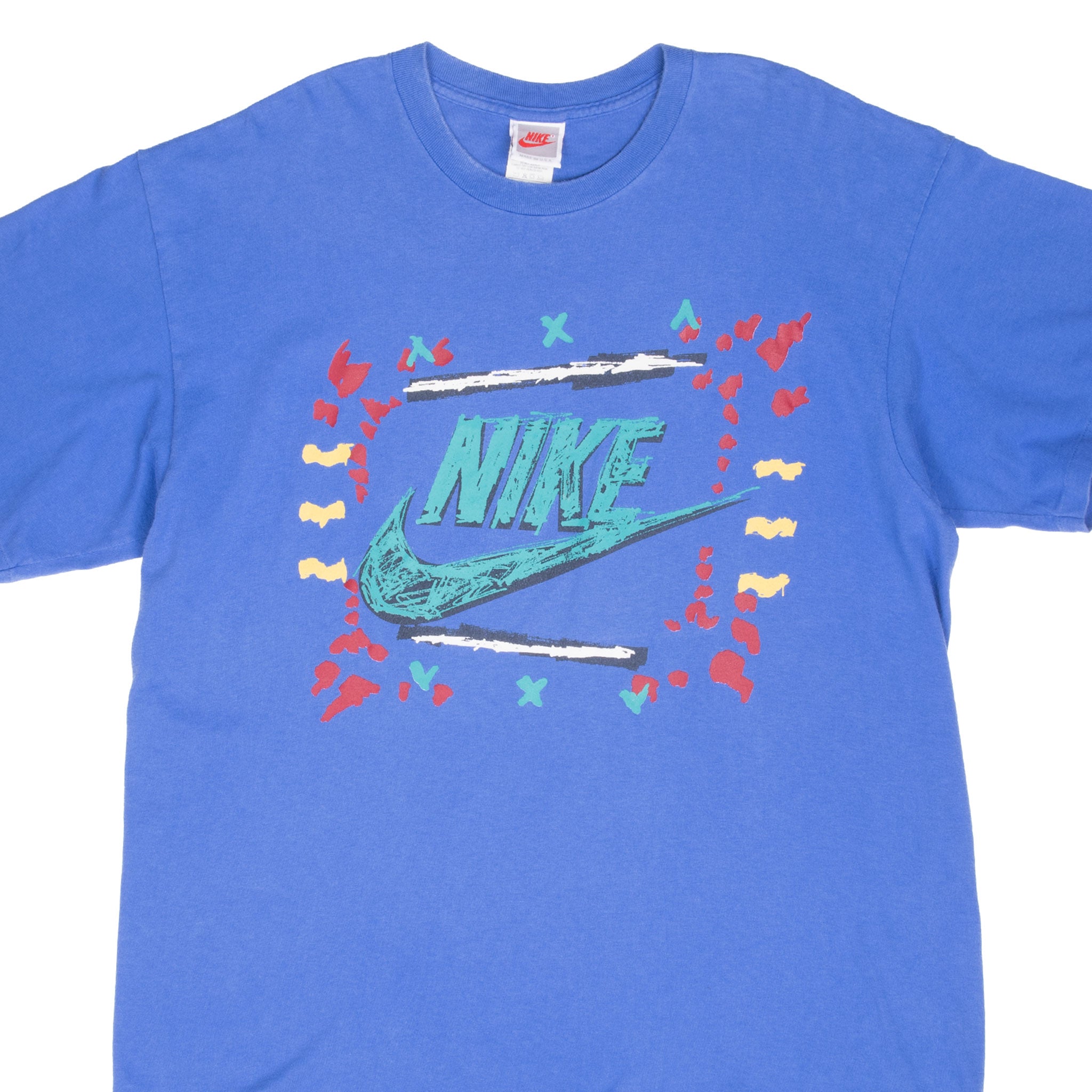 VINTAGE NIKE SPELLOUT BLUE PURPLE TEE SHIRT LATE 1980S SIZE XL MADE IN USA