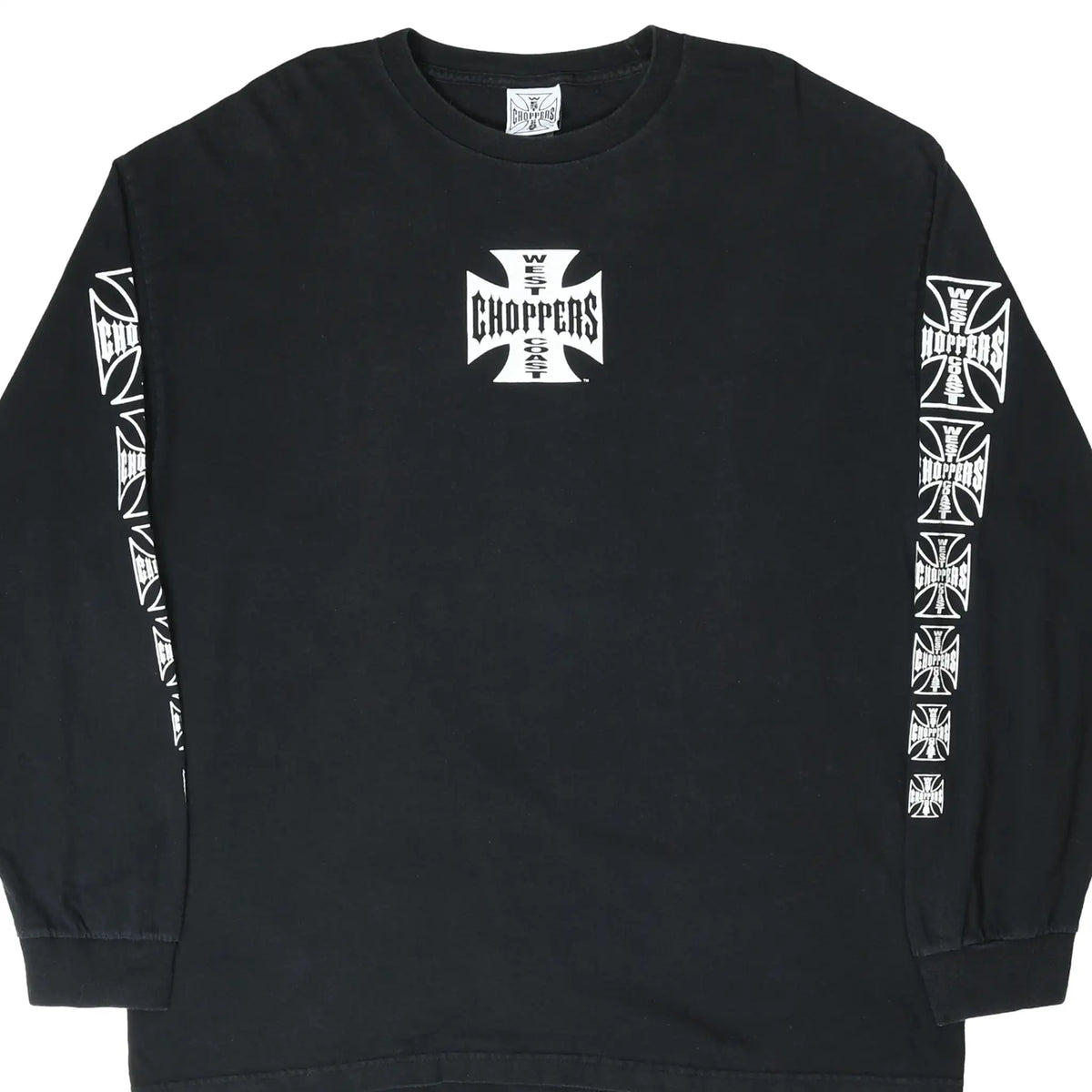 Front of black West Coast Choppers long-sleeve T-shirt with white cross graphics on chest and sleeves