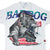 Front of white Bad Dog T-shirt with roller-skating bulldog graphic in teal, purple, red, and black