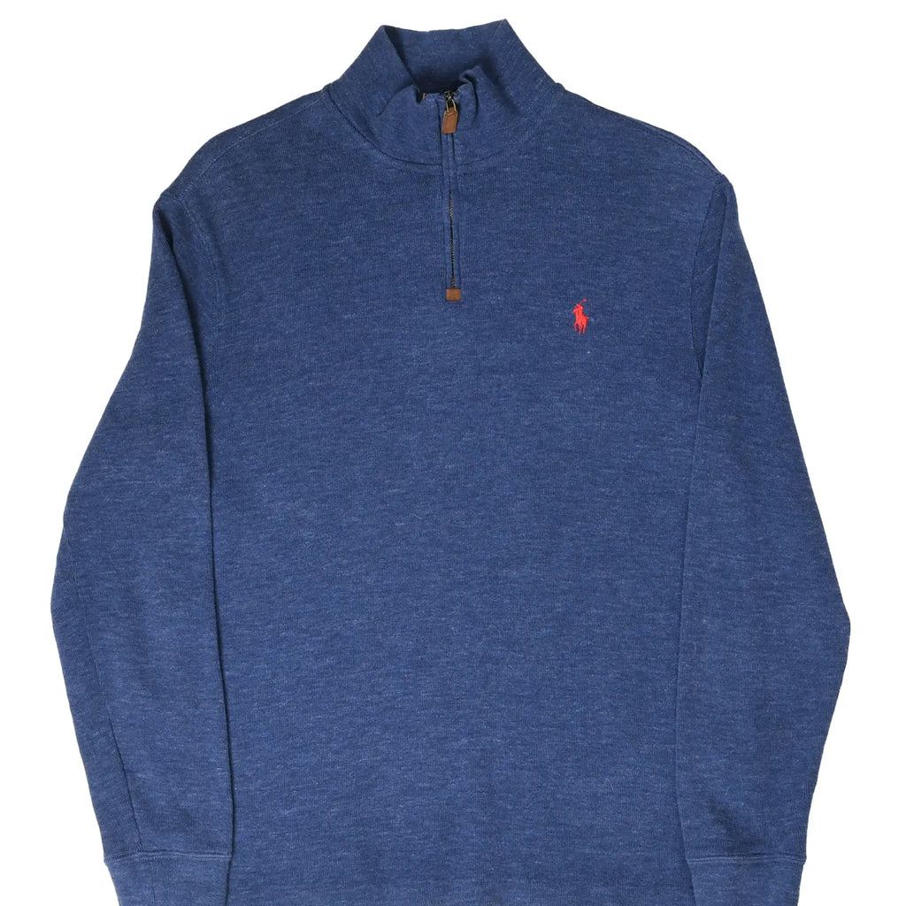 Front of blue Polo Ralph Lauren quarter-zip sweater with red pony embroidery