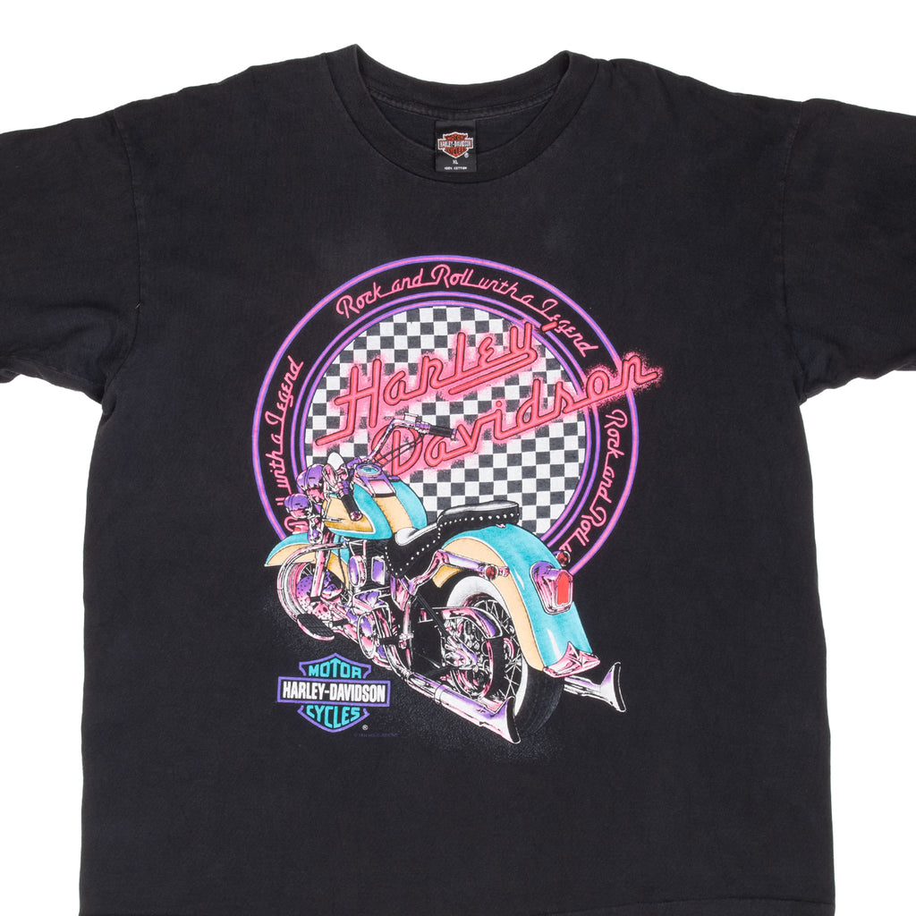 Vintage Harley Davidson Neon Los Aneles Tee Shirt 1994 Size XL Made In Usa With Single Stitch Sleeves